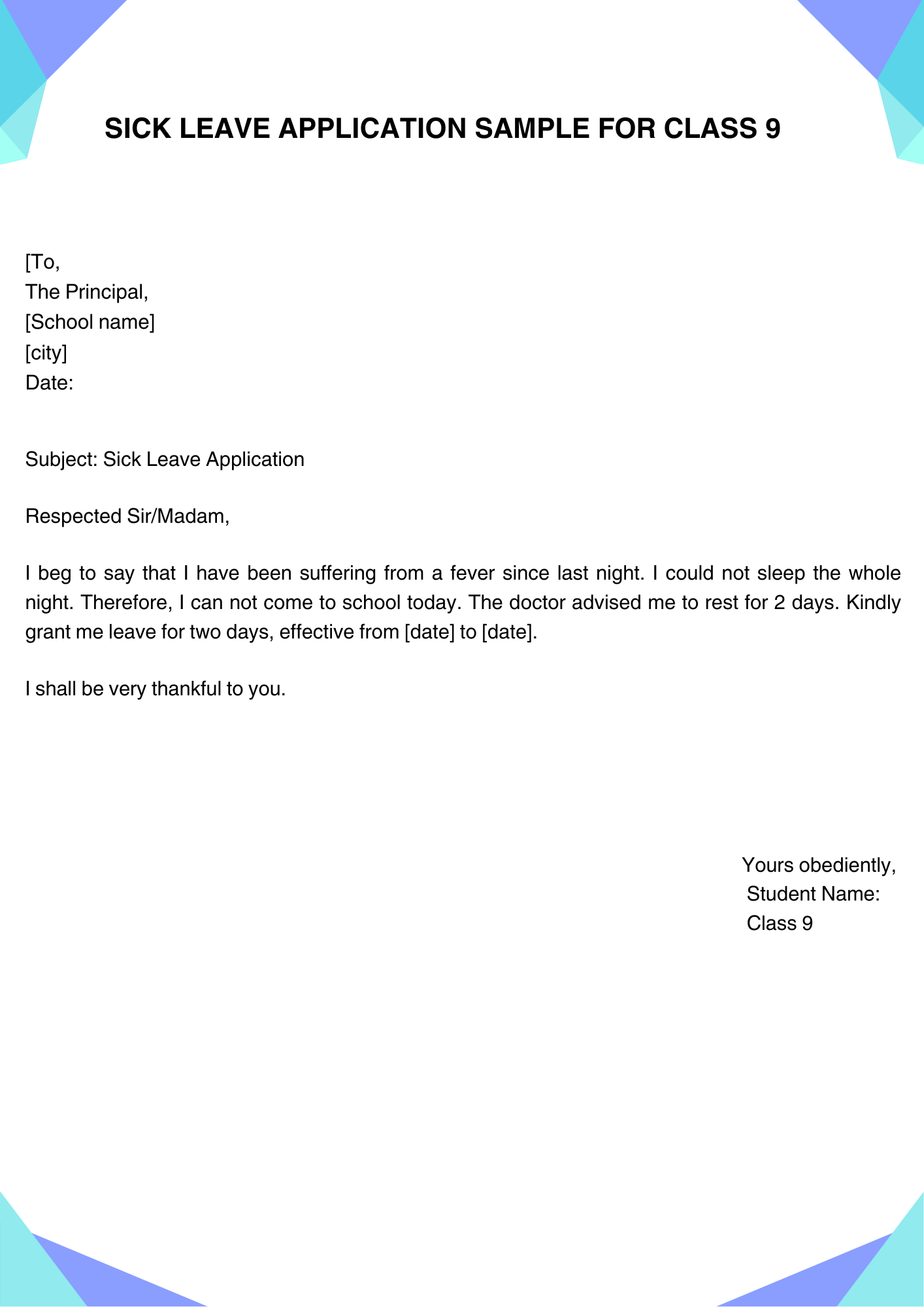 Sick Leave Application Sample for Class 9