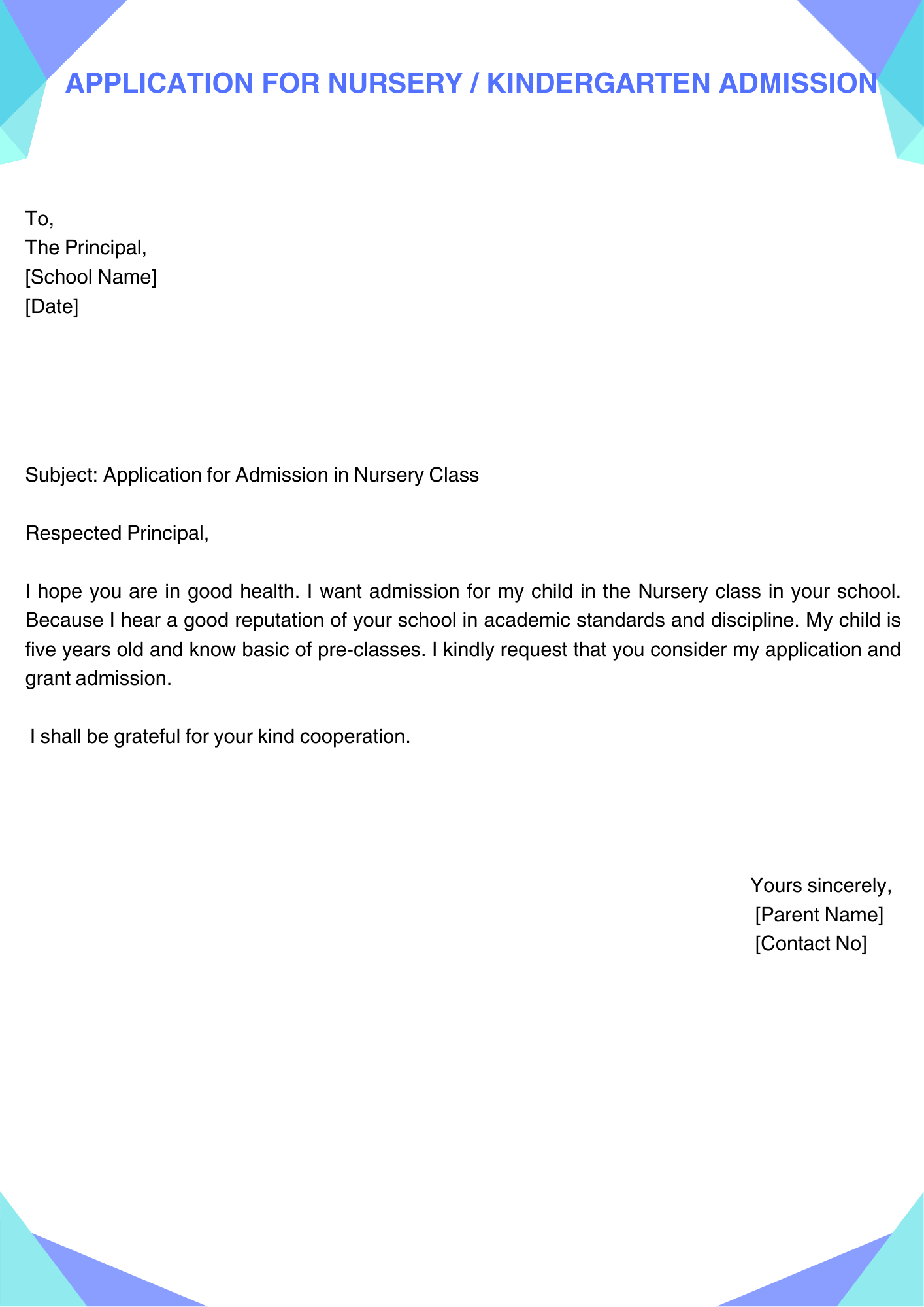 Application for Nursery / Kindergarten Admission