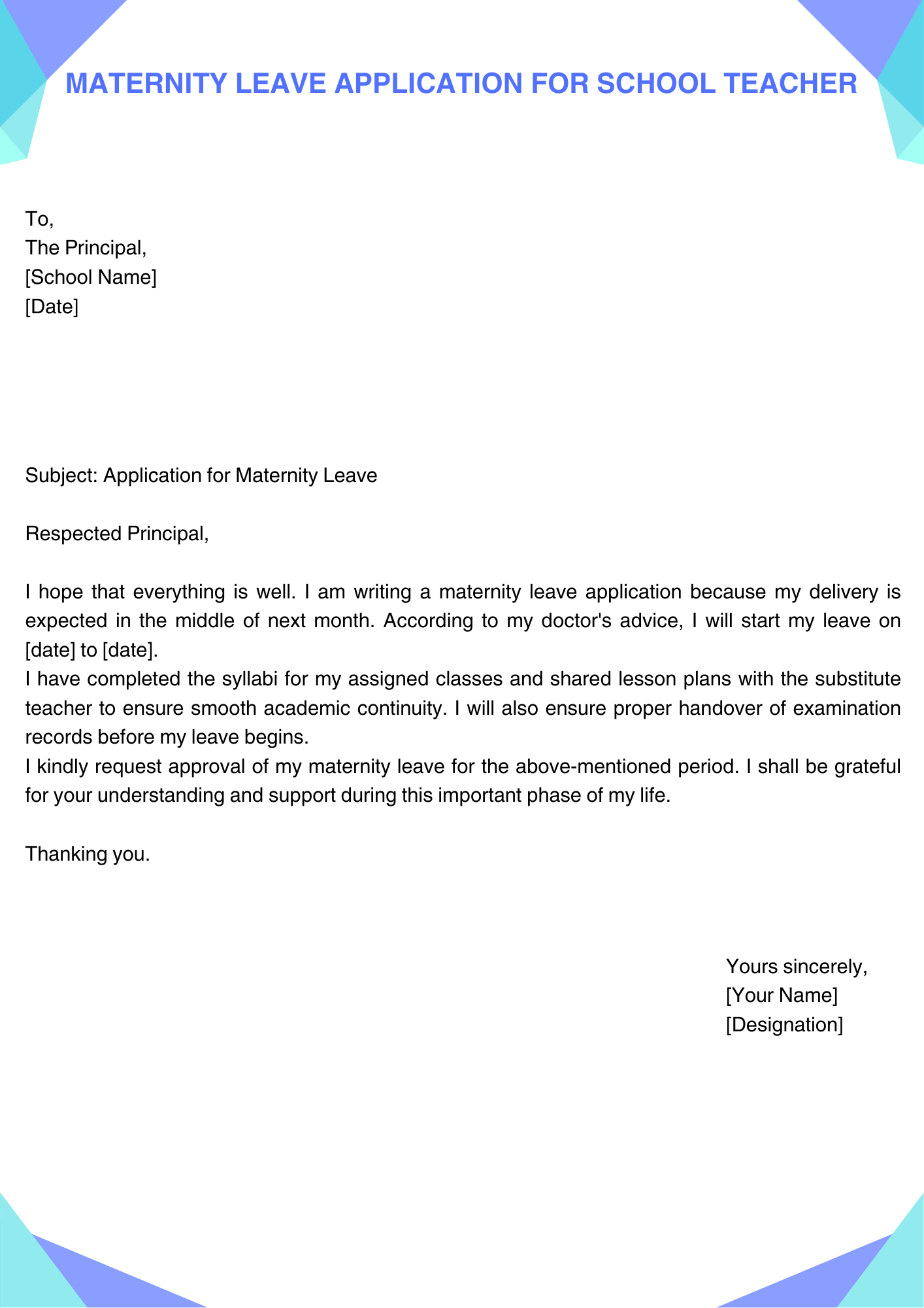 Maternity Leave Application for School Teacher