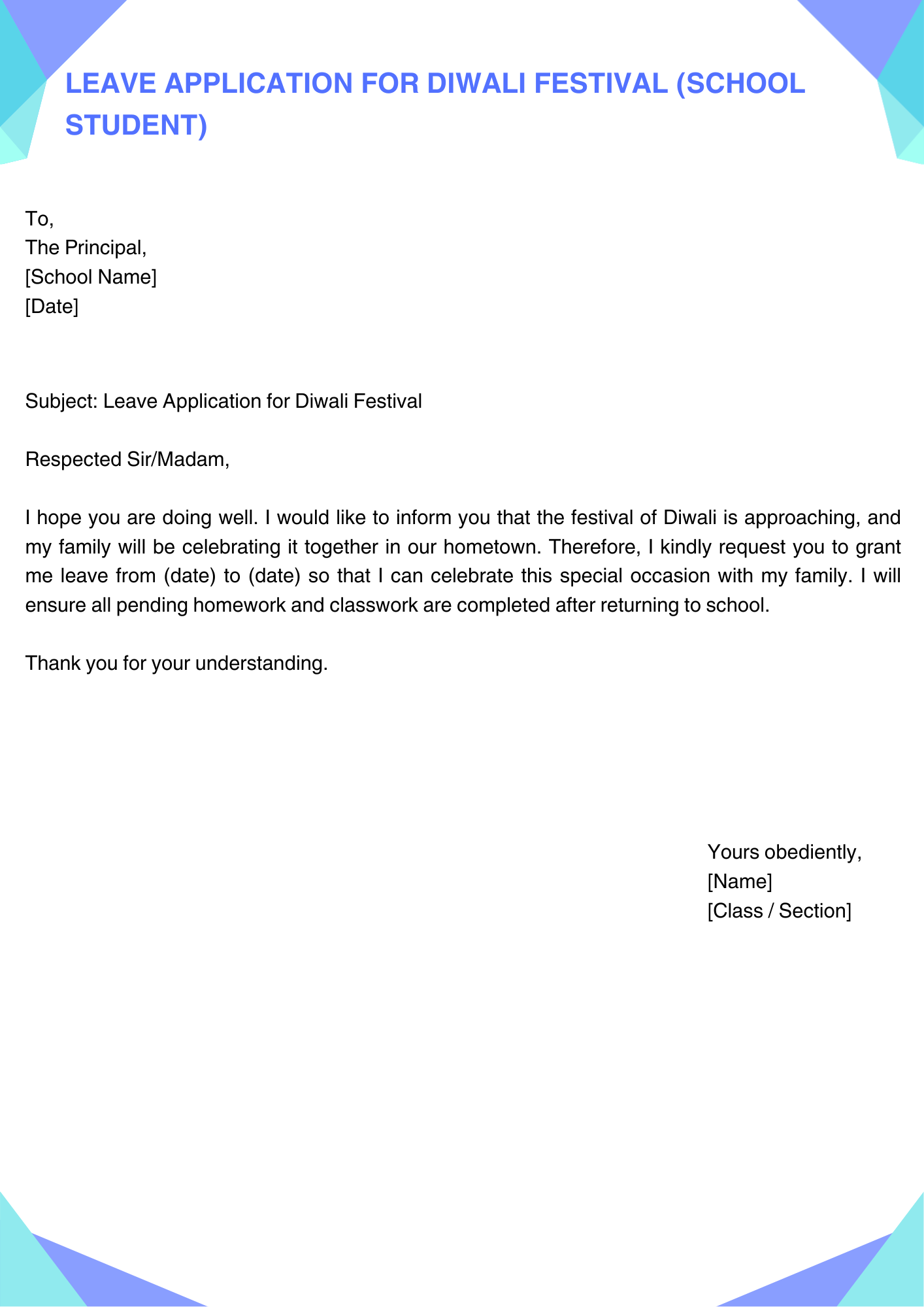 Leave Application for Diwali festival (School Student)