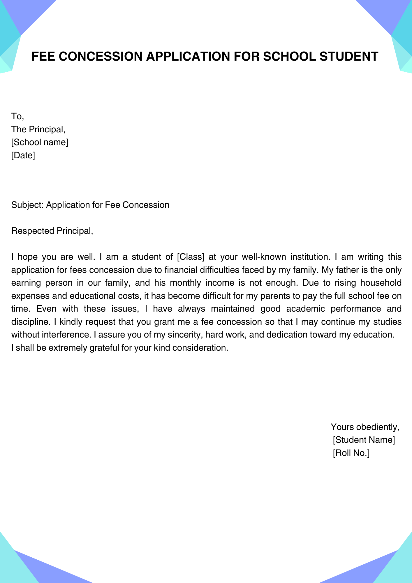 Fee Concession Application for School Student