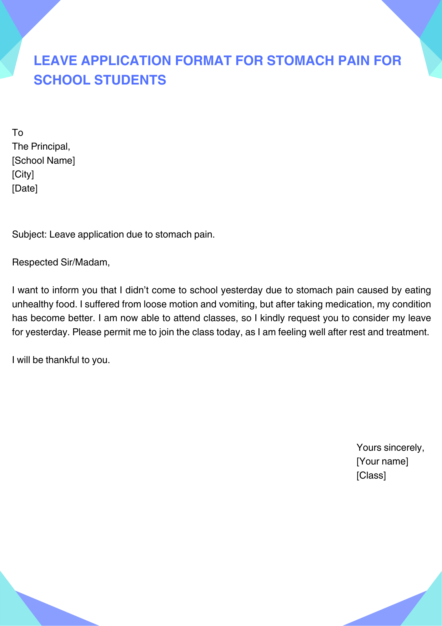 Leave Application Format for Stomach Pain for School Students