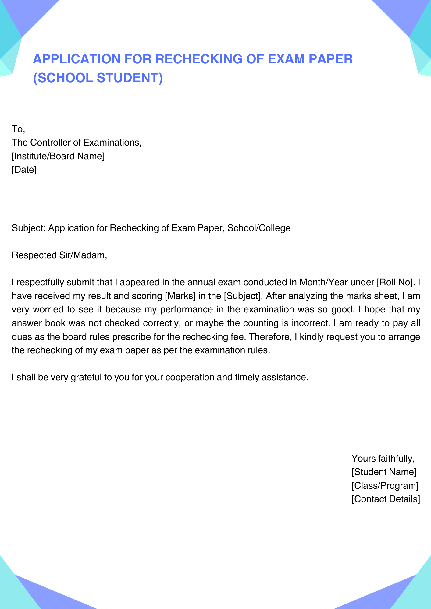 Application for Rechecking of Exam Paper (school student) 