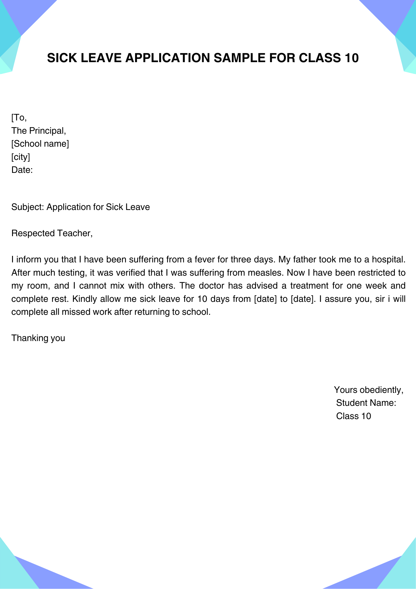 Sick Leave Application Sample for Class 10
