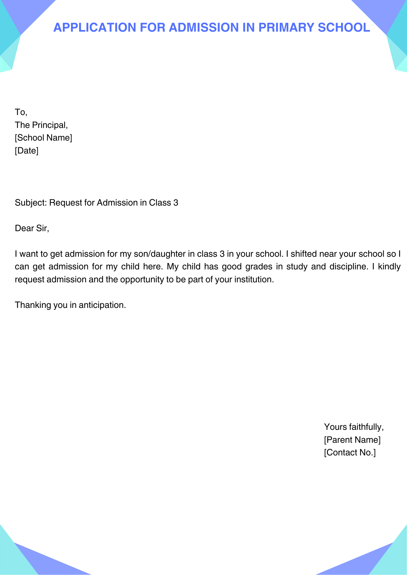 Application for Admission in Primary School