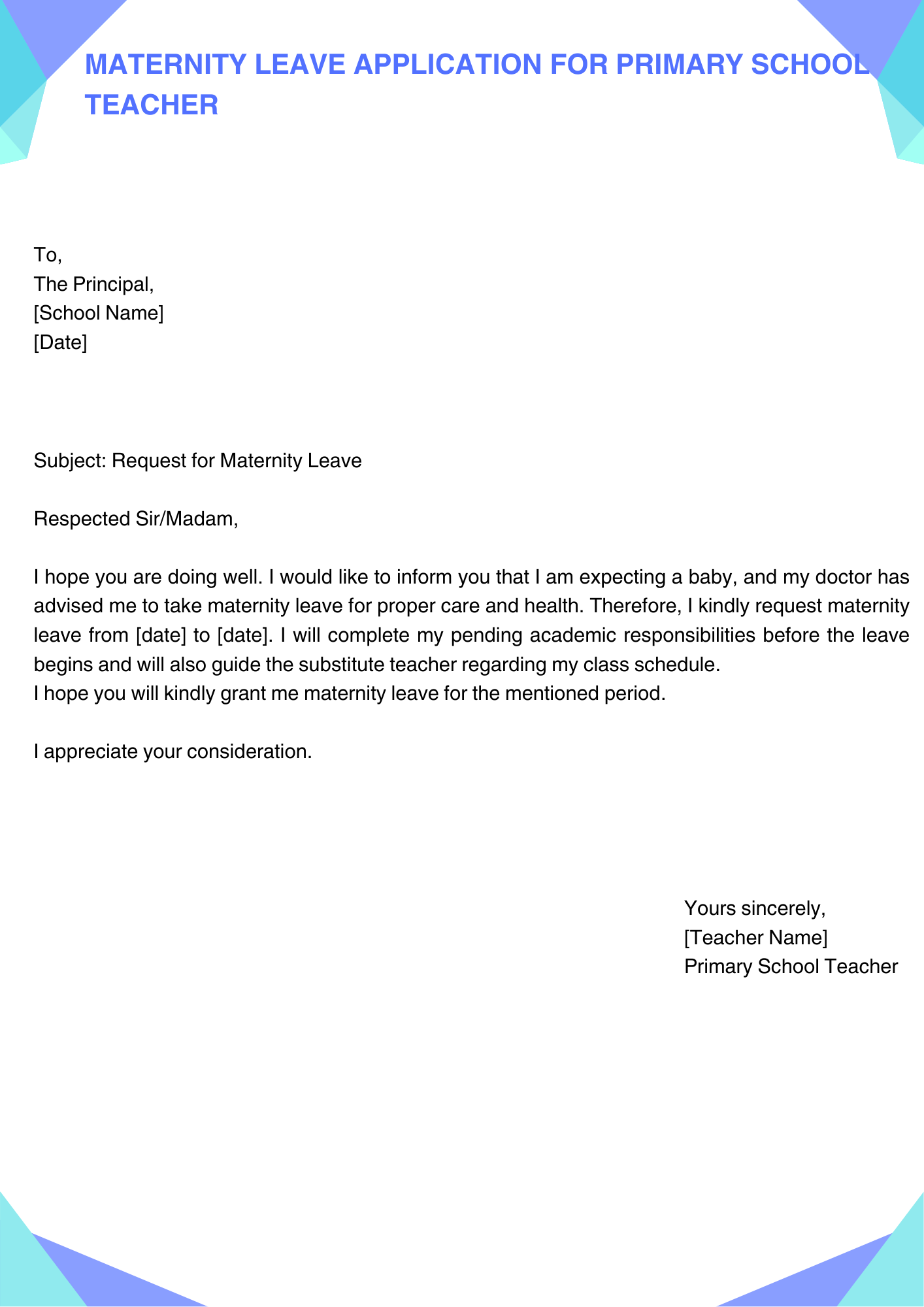 Maternity Leave Application for Primary School Teacher