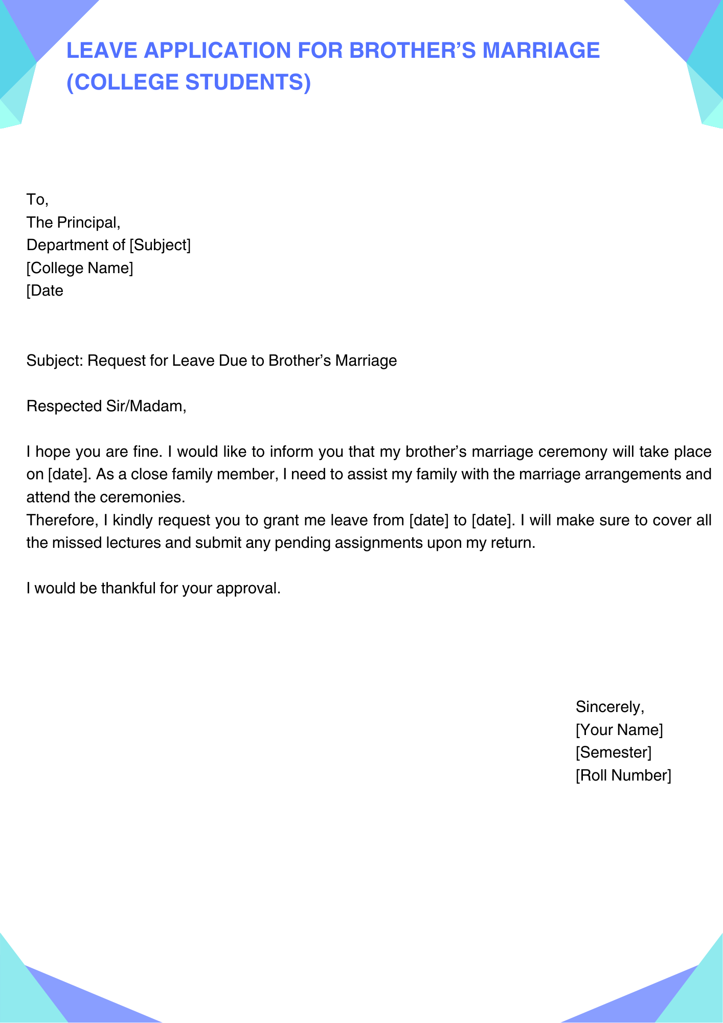 Leave Application for Brother’s Marriage (College Students)