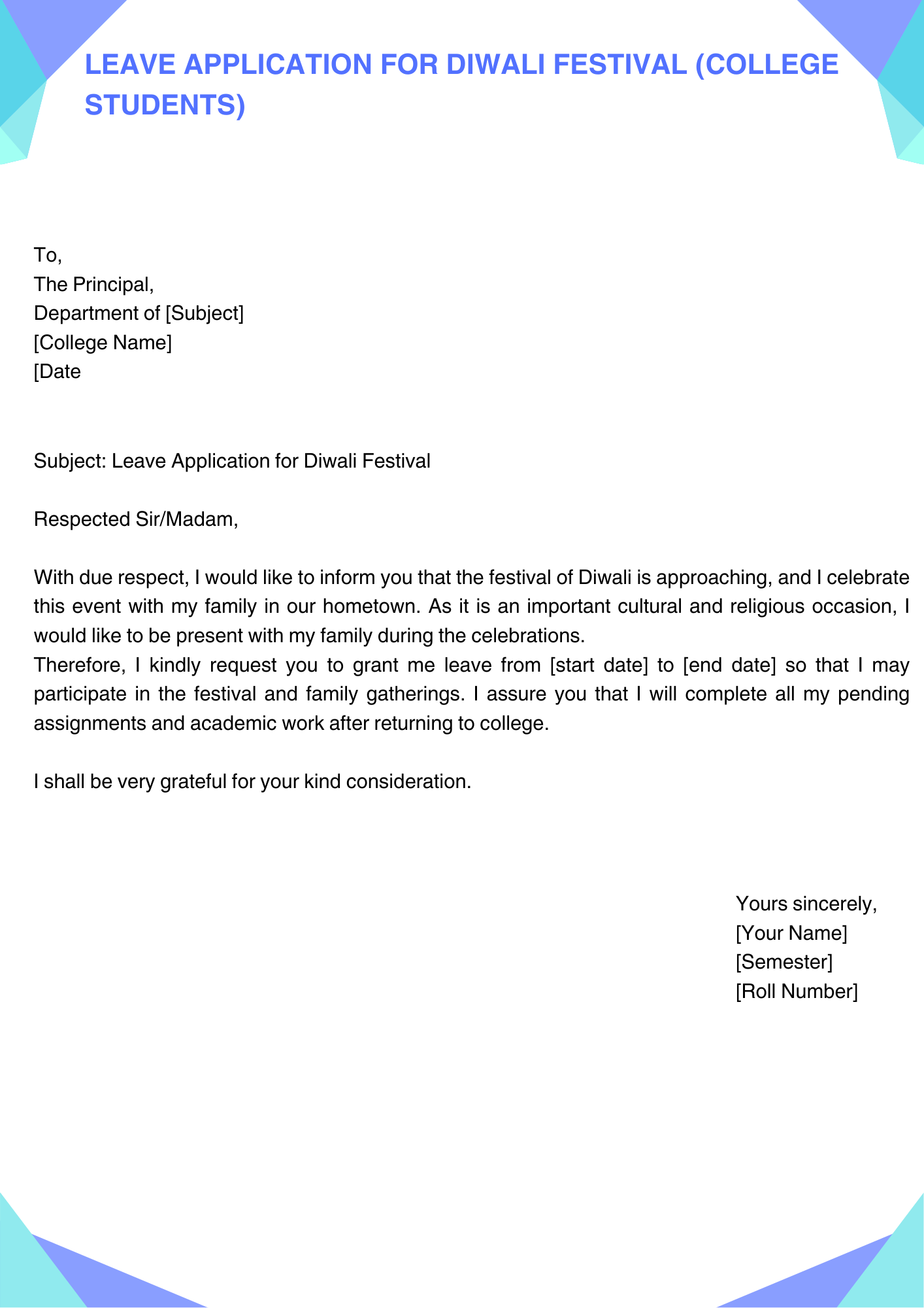 Leave Application for Diwali Festival (College Students)