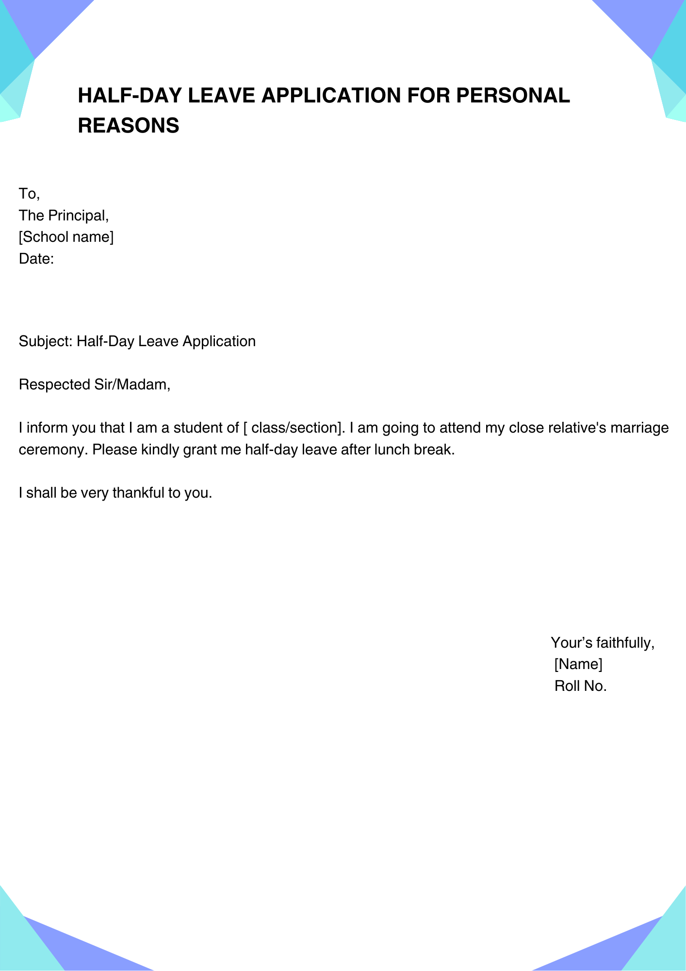 Half-Day Leave Application for Personal Reasons