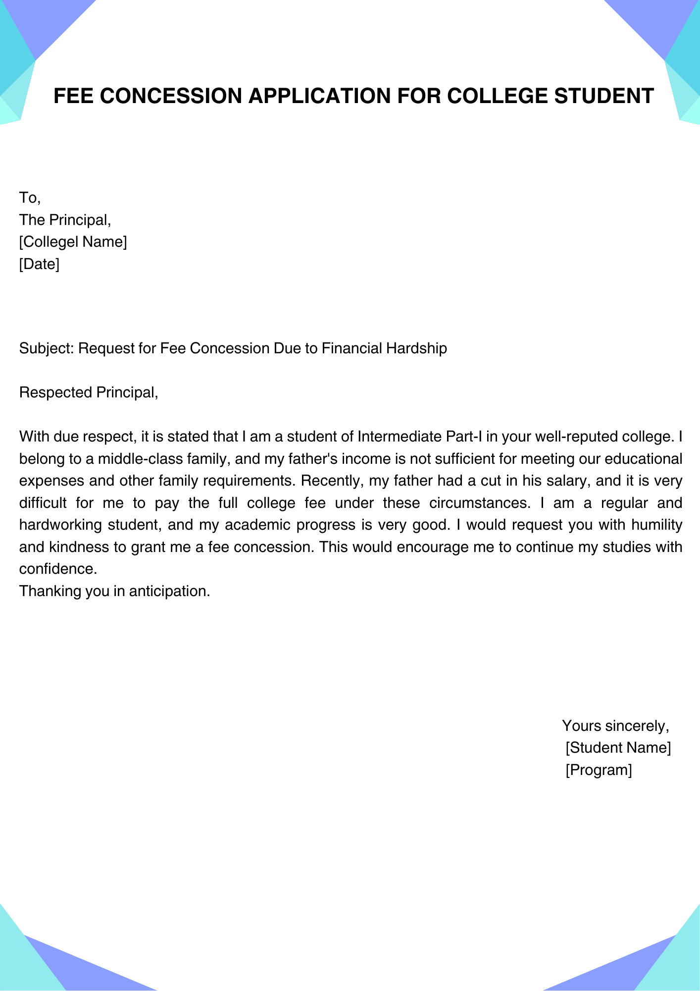 Fee Concession Application for College Student