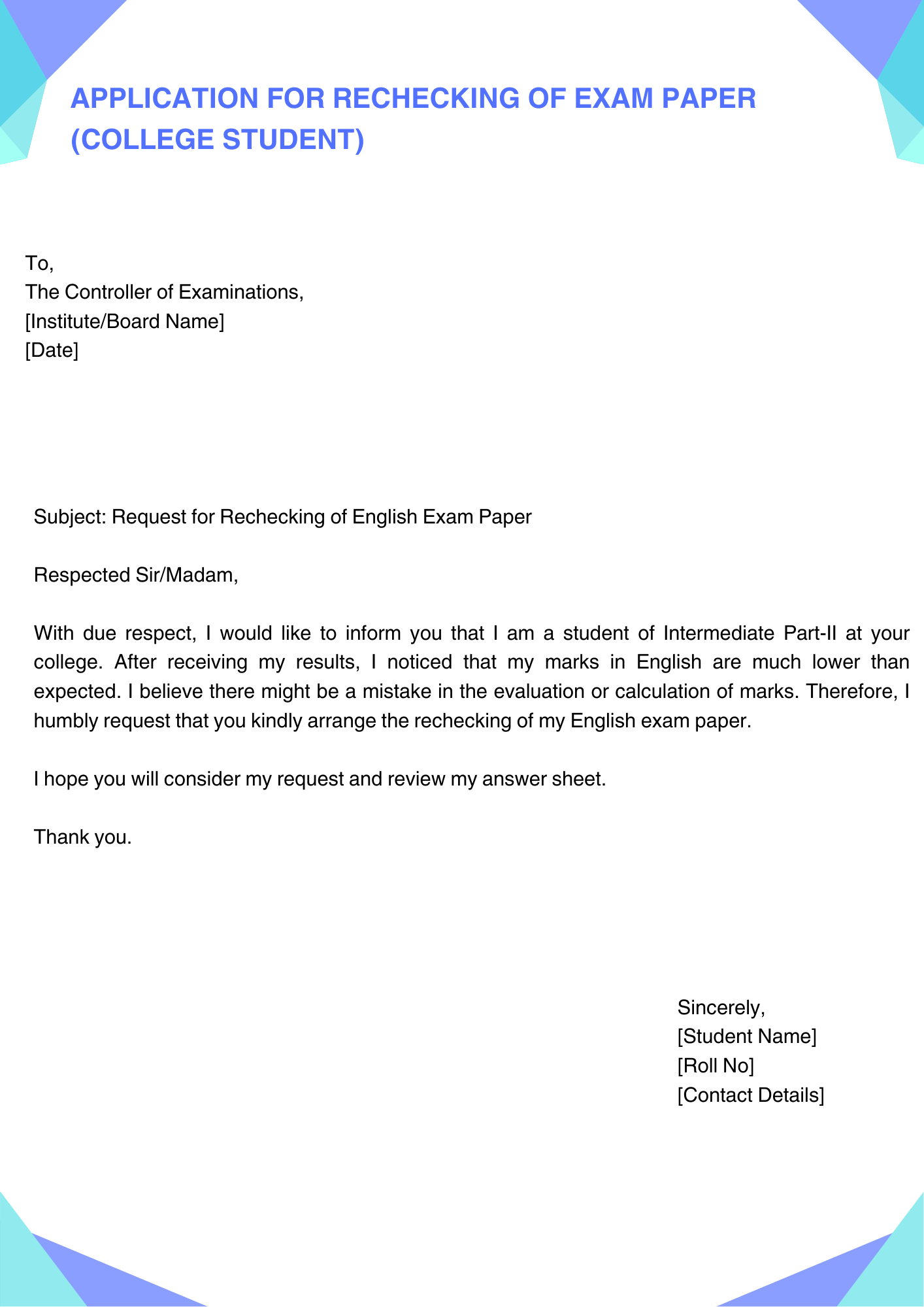 Application for Rechecking of Exam Paper (College Student)