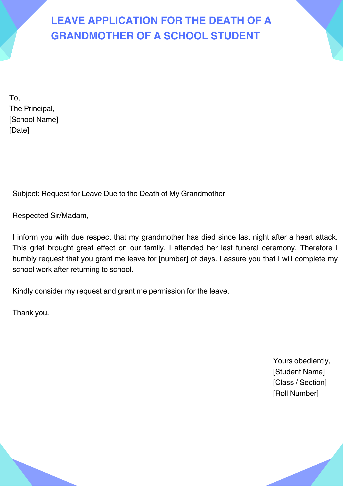 Leave Application for the Death of a Grandmother of a School Student