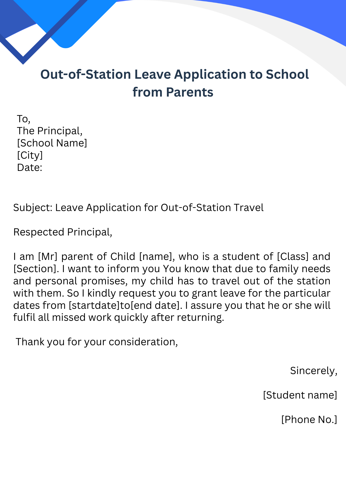 Out-of-Station Leave Application to School from Parents