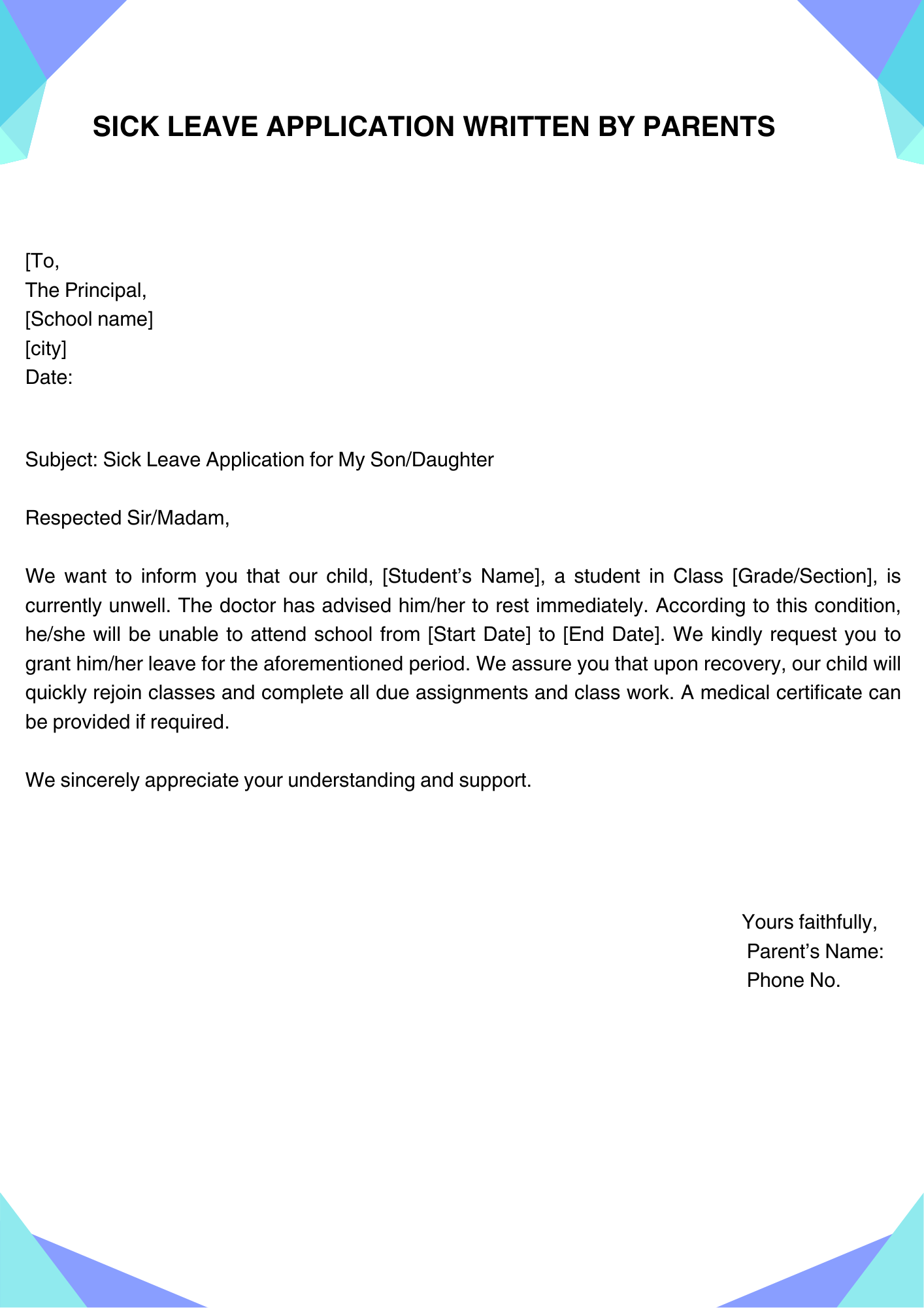 Sick Leave Application Written by Parents