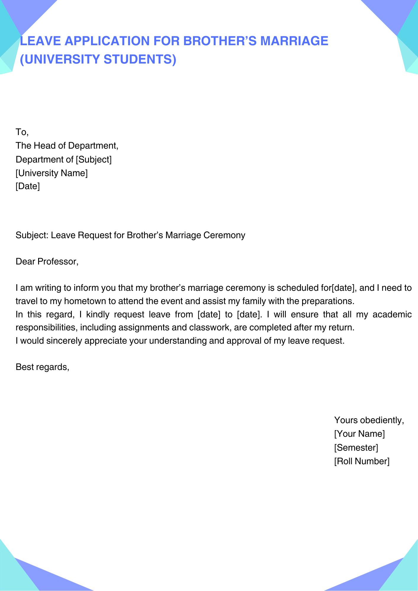 Leave Application for Brother’s Marriage (University Students)
