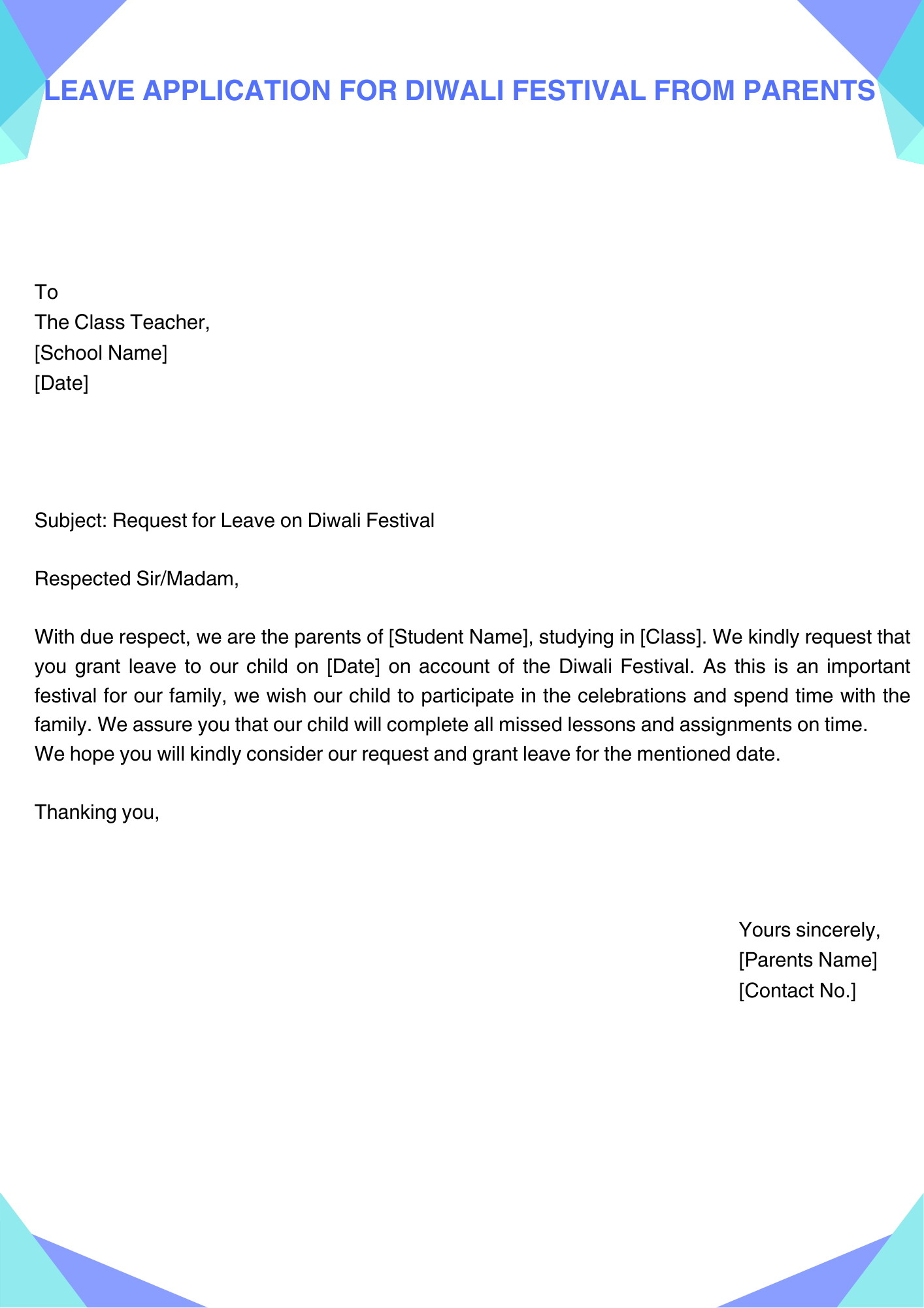 Leave Application for Diwali Festival from parents
