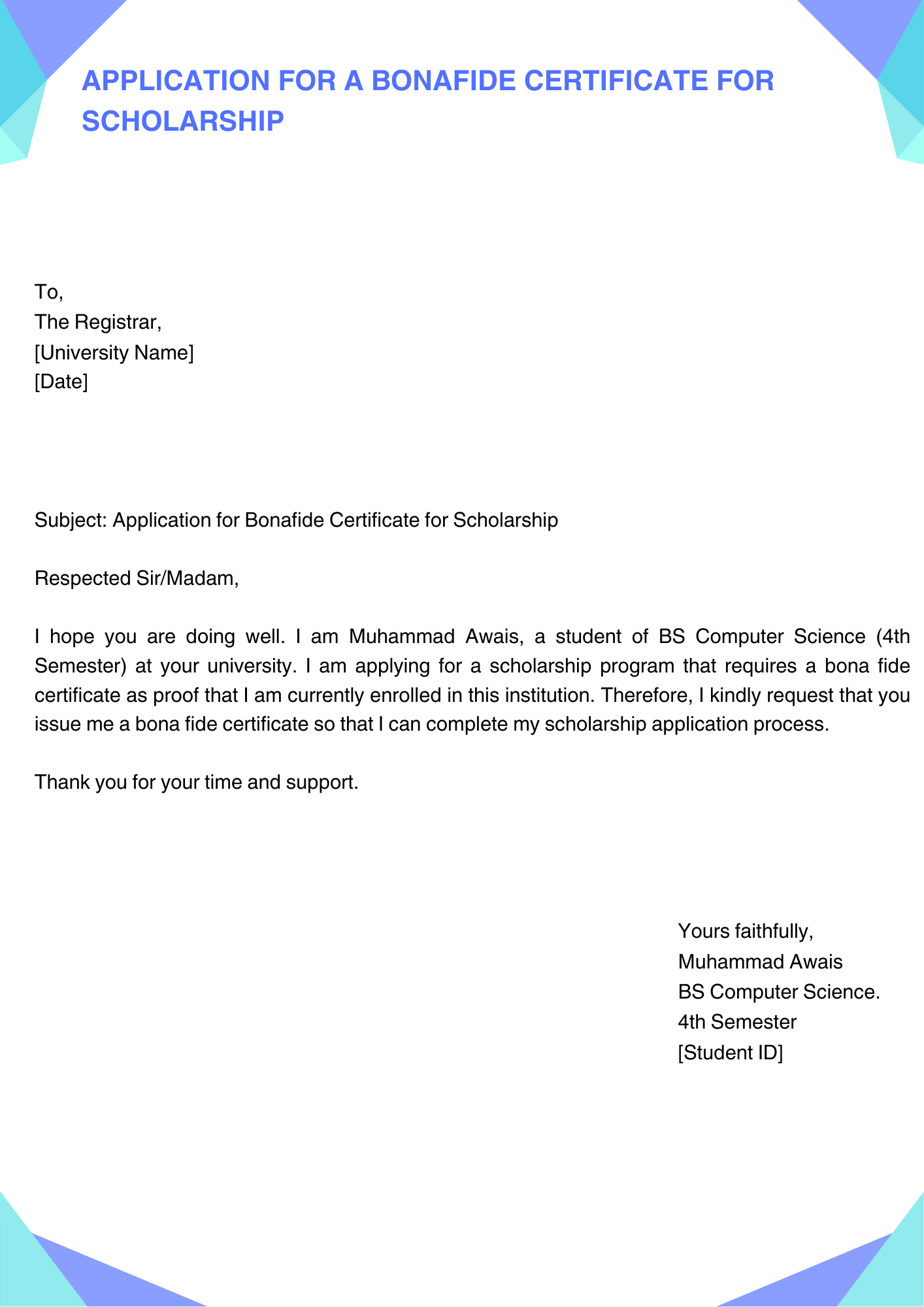 Application for a Bona fide Certificate for Scholarship