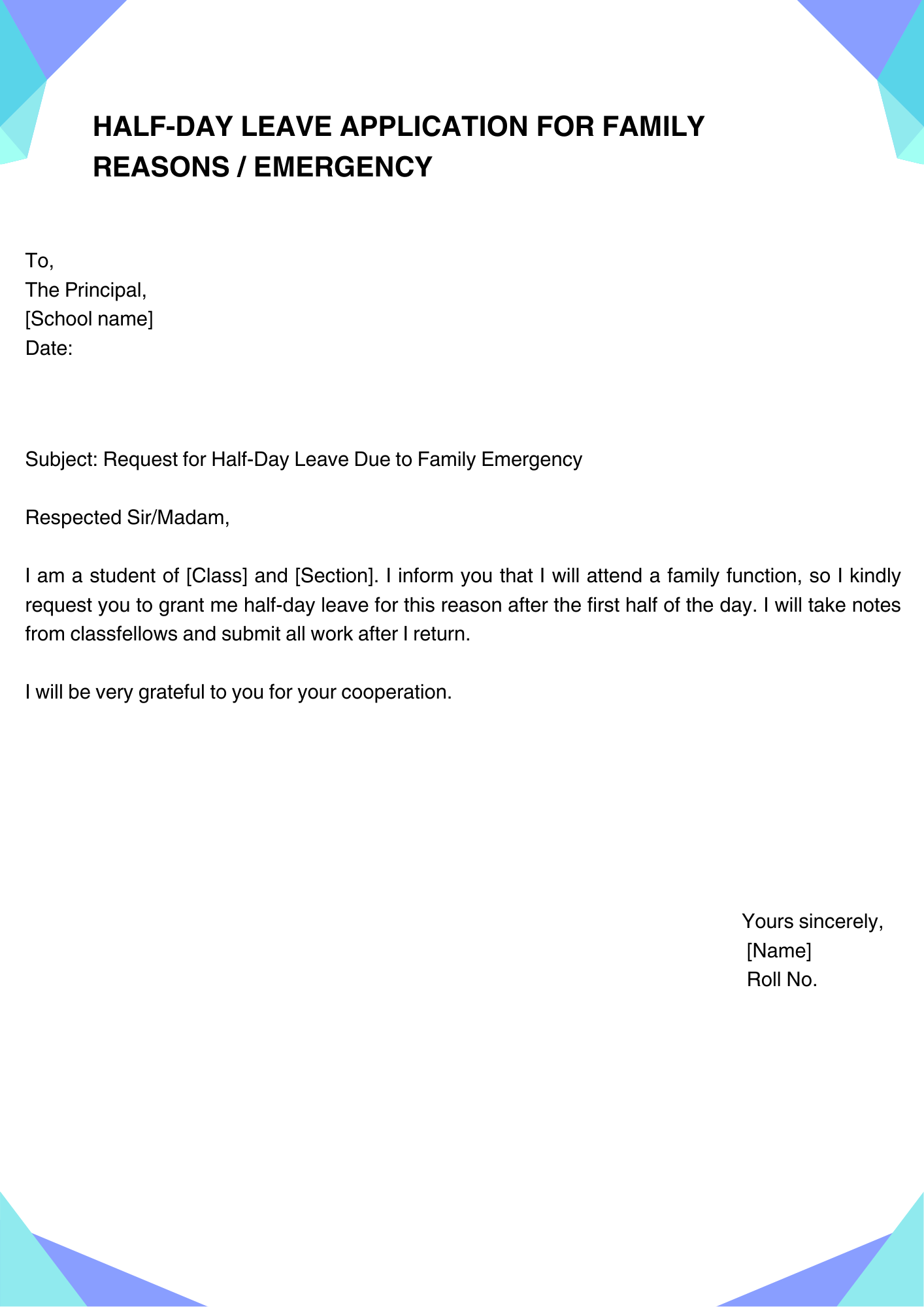 Half-Day Leave Application for Family Reasons / Emergency