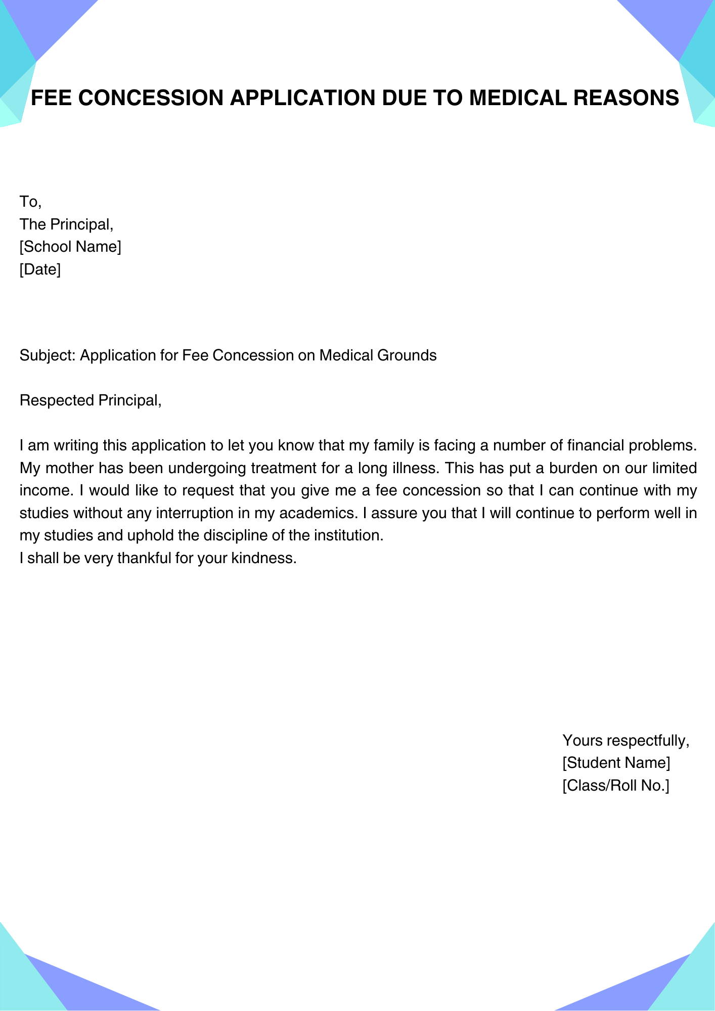 Fee Concession Application Due to Medical Reasons