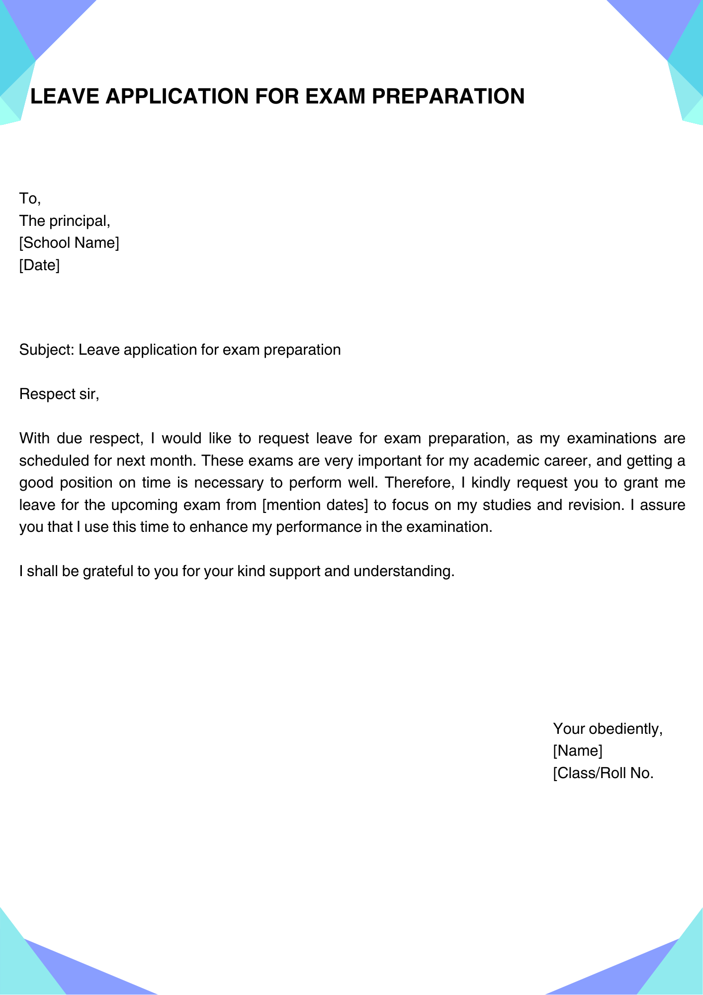 Leave application for exam preparation