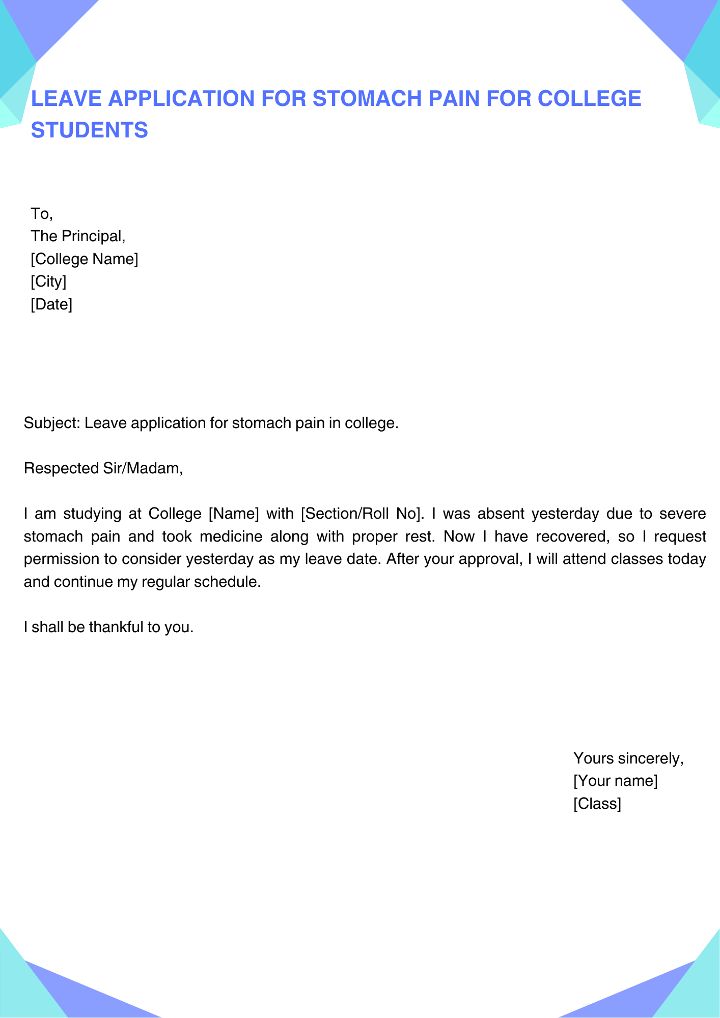 Leave Application for Stomach Pain for College Students