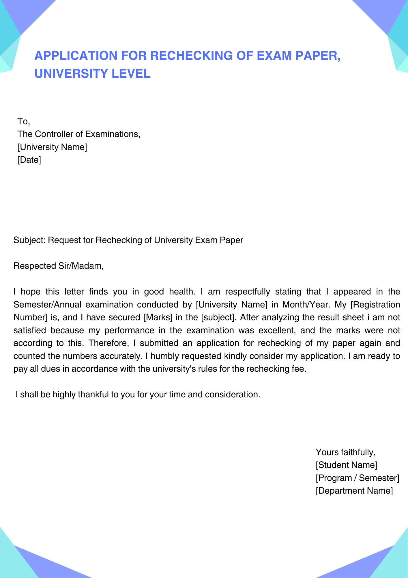 Application for Rechecking of Exam Paper University Level