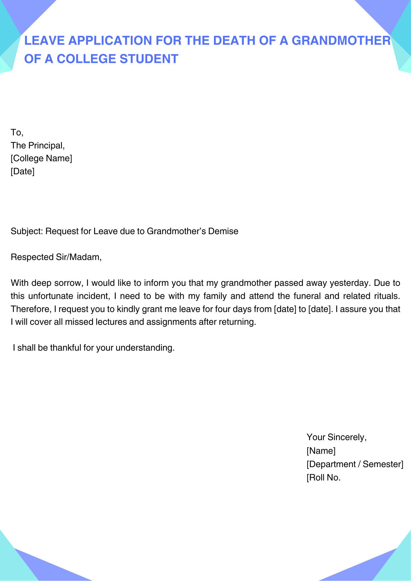 Leave Application for the Death of a Grandmother For College Students