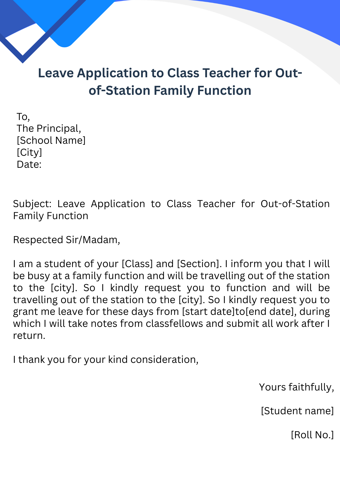 Leave Application to Class Teacher for Out-of-Station Family Function