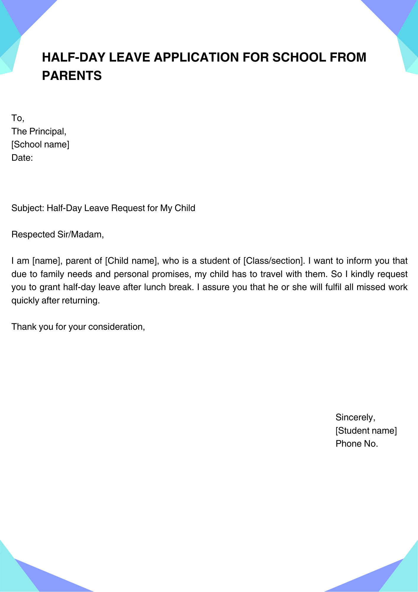 Half-Day Leave Application for School from Parents