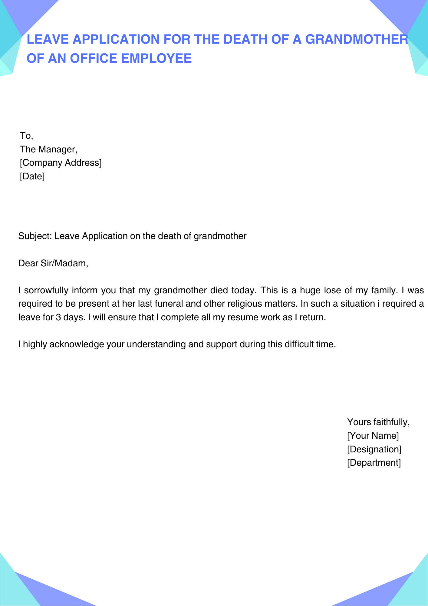 Leave Application for the Death of a Grandmother of an Office Employee