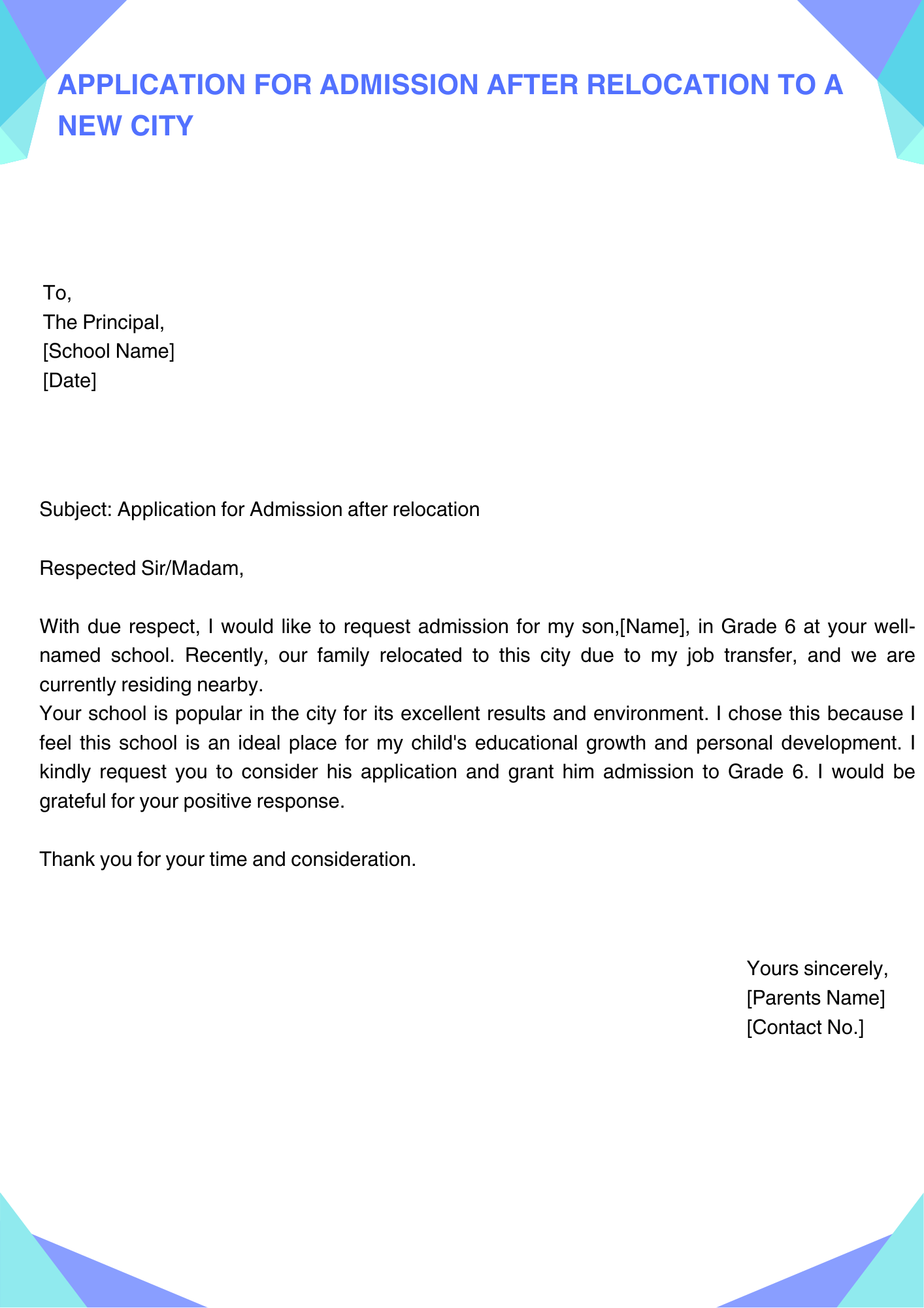 Application for Admission After Relocation to a New City