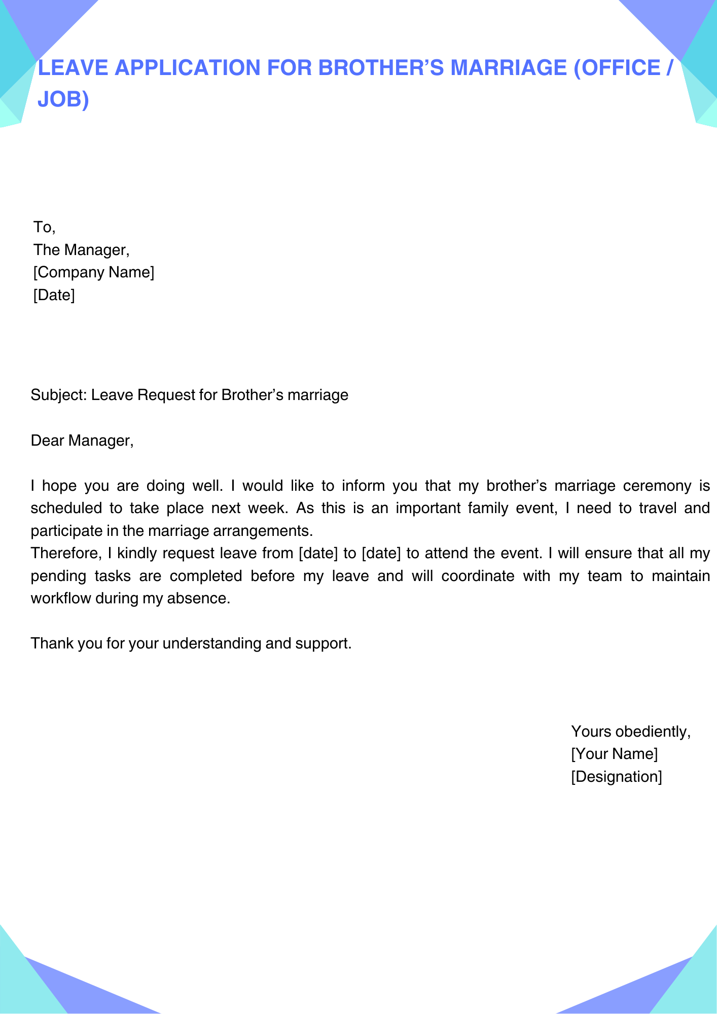 Leave Application for Brother’s Marriage (Office / Job)
