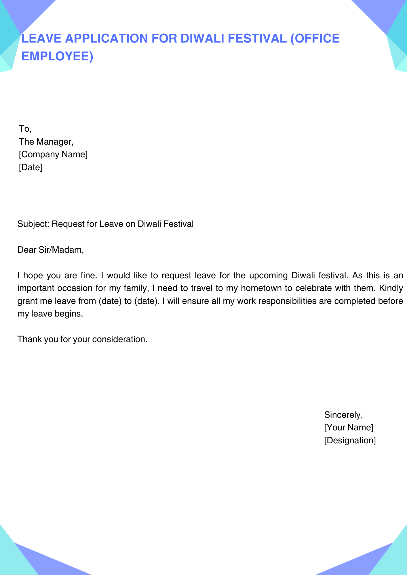 Leave Application for Diwali festival (Office employee) 