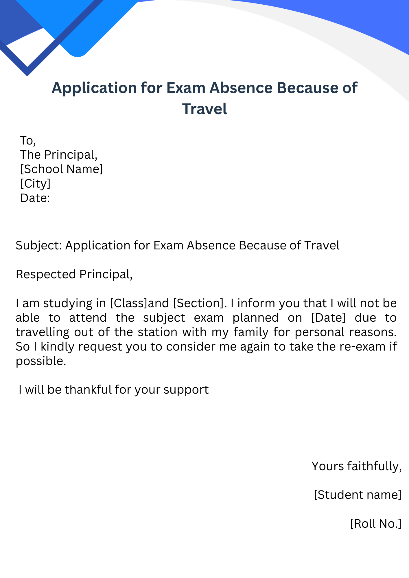 Application for Exam Absence Because of Travel