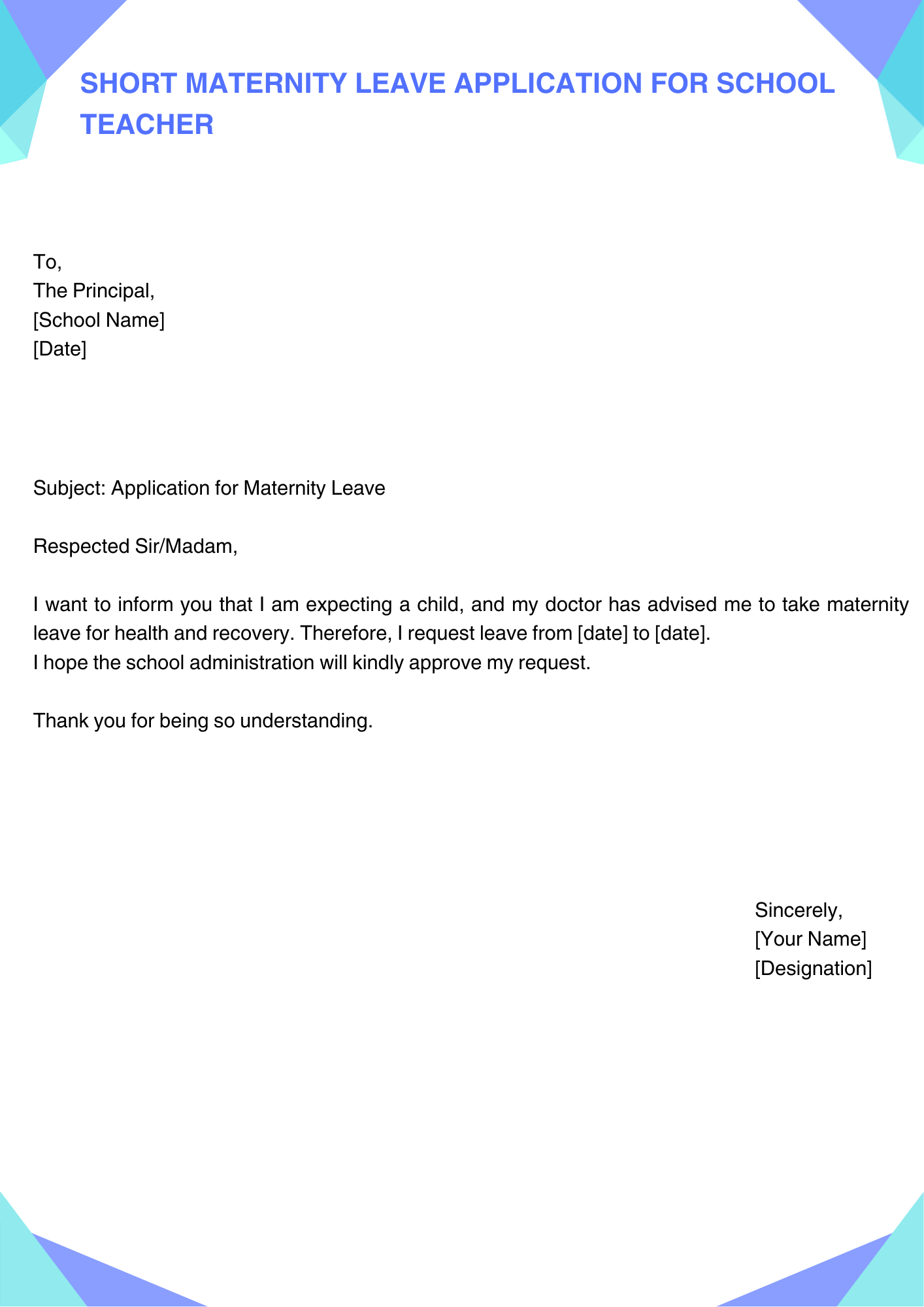 Short Maternity Leave Application for School Teacher