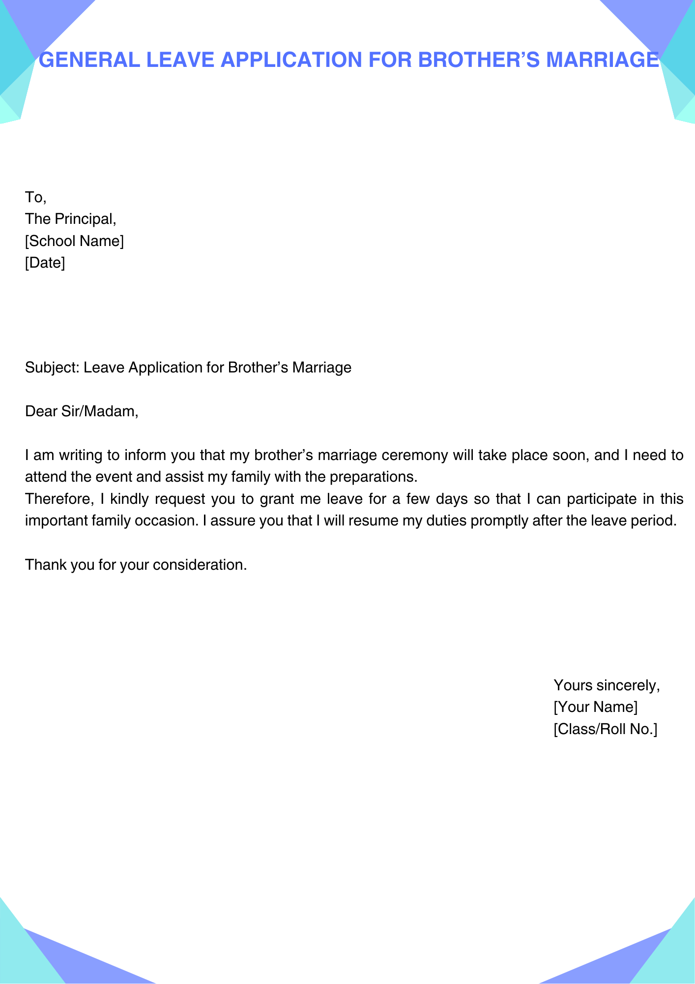 General Leave Application for Brother’s Marriage