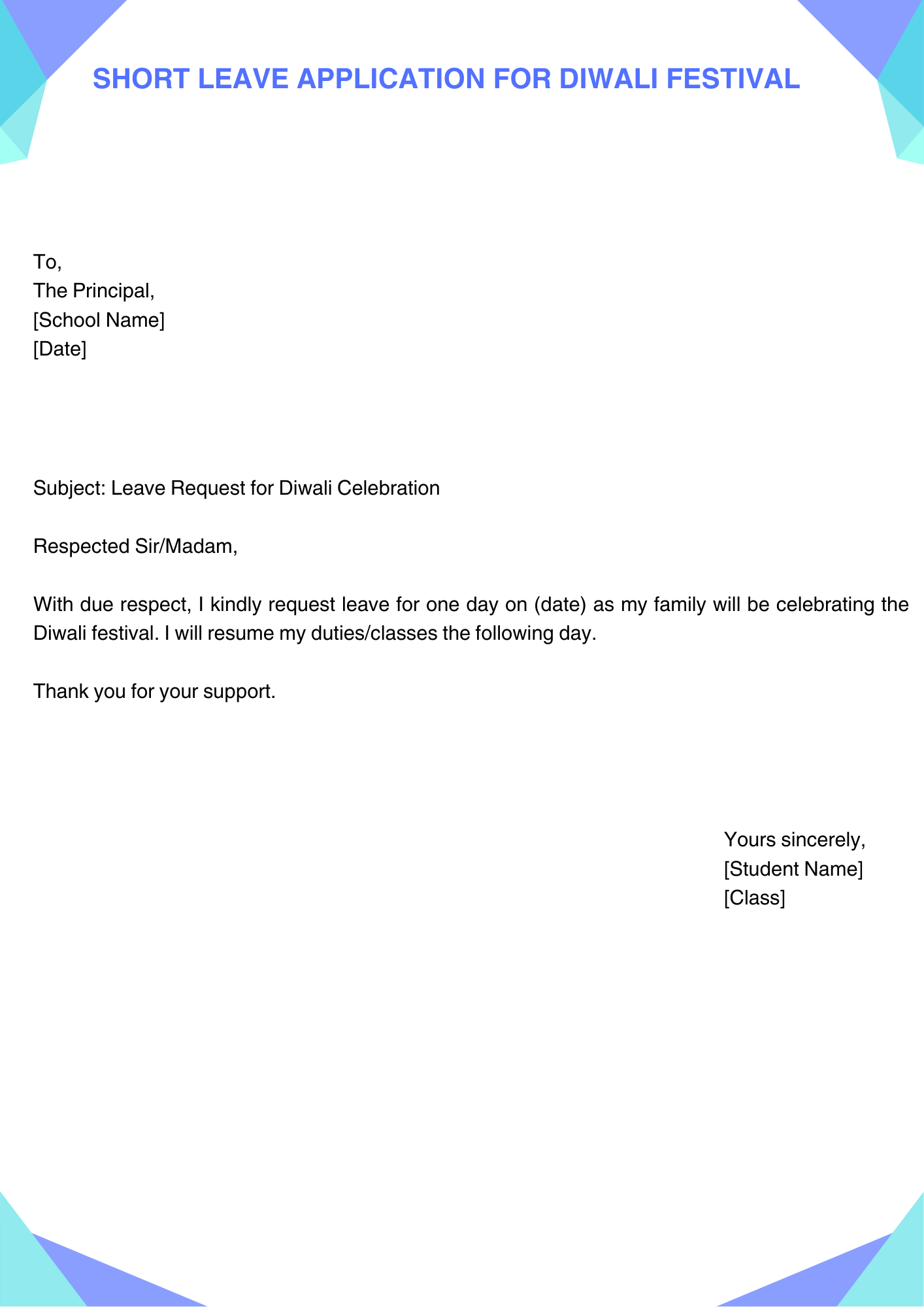 Short Leave Application for Diwali festival