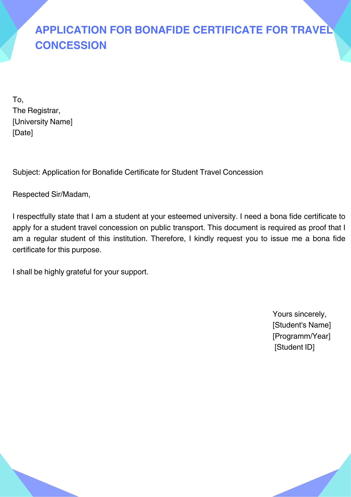 Application for Bona fide Certificate for Travel Concession