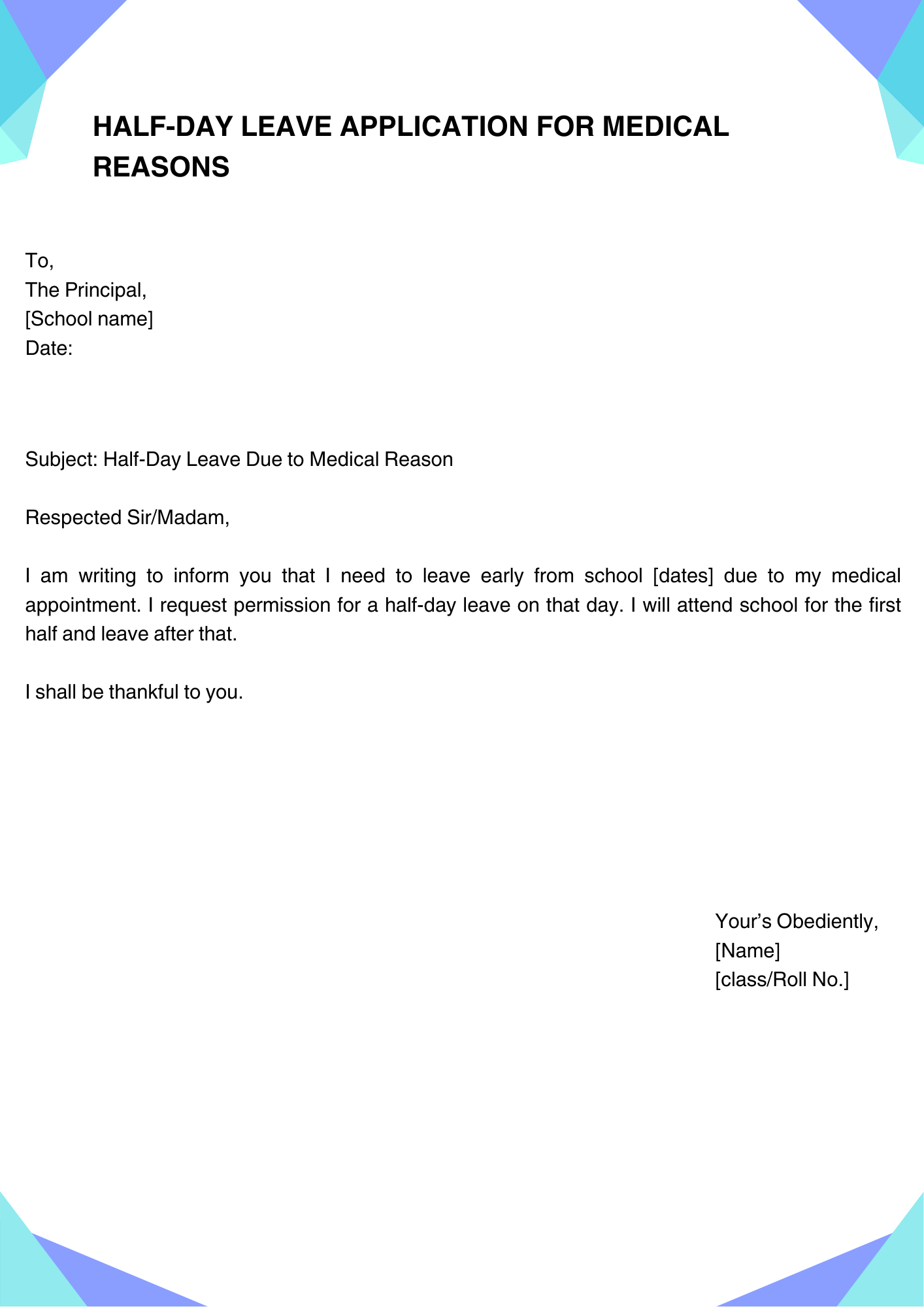 Half-Day Leave Application for Medical Reasons