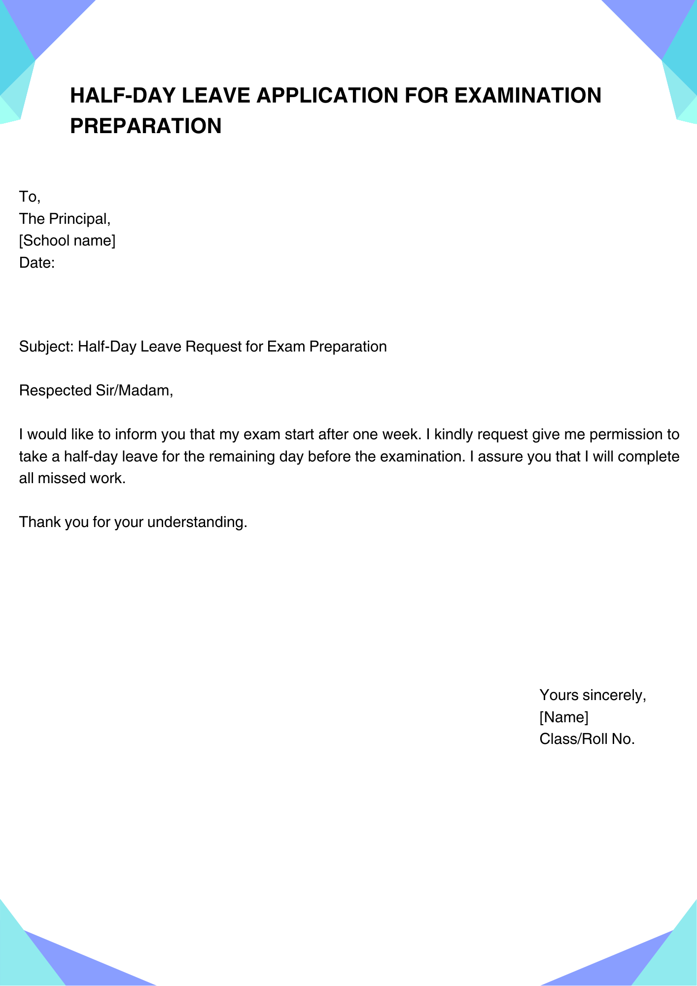 Half-Day Leave Application for Examination Preparation