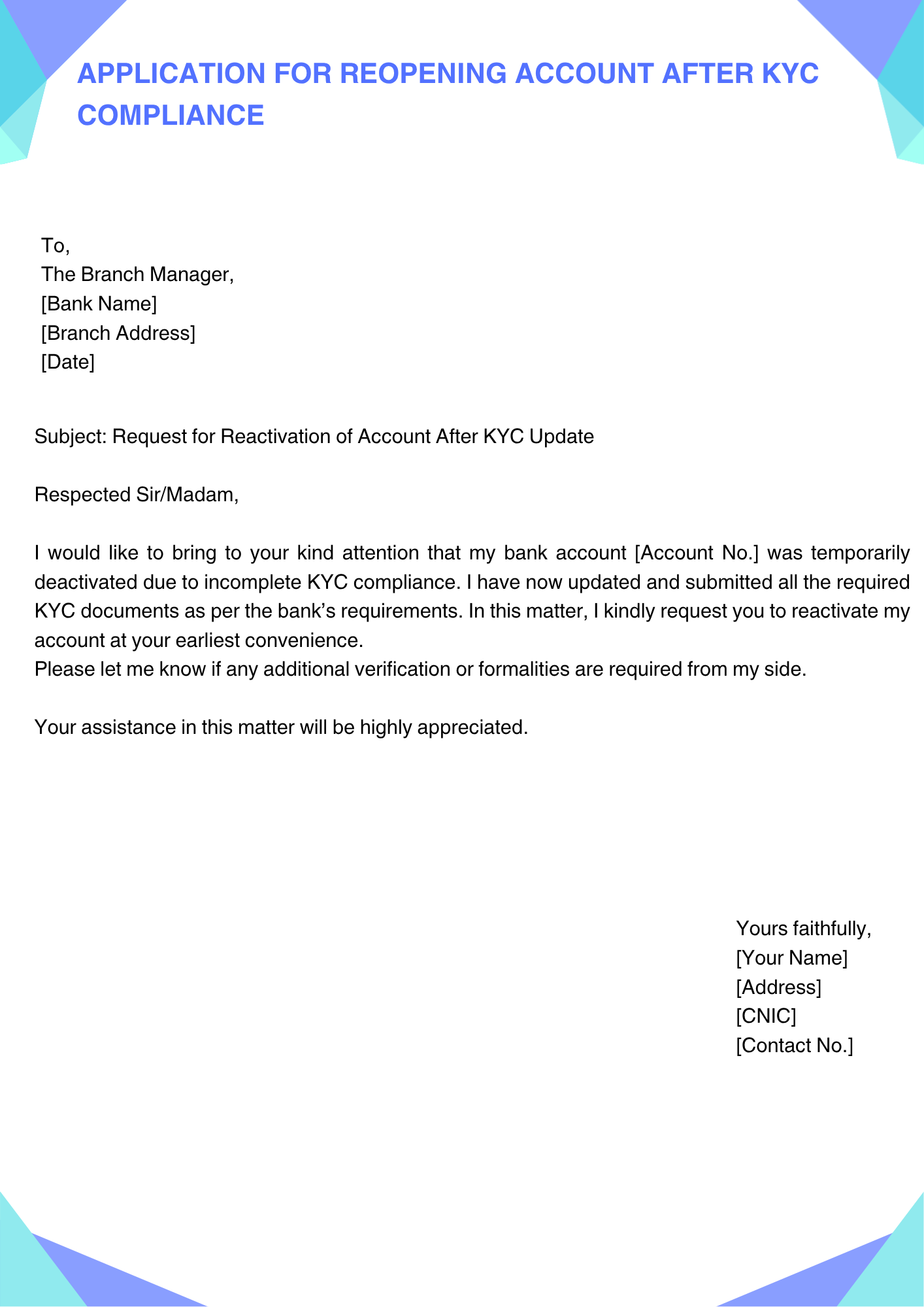 Application for Reopening Account After KYC Compliance