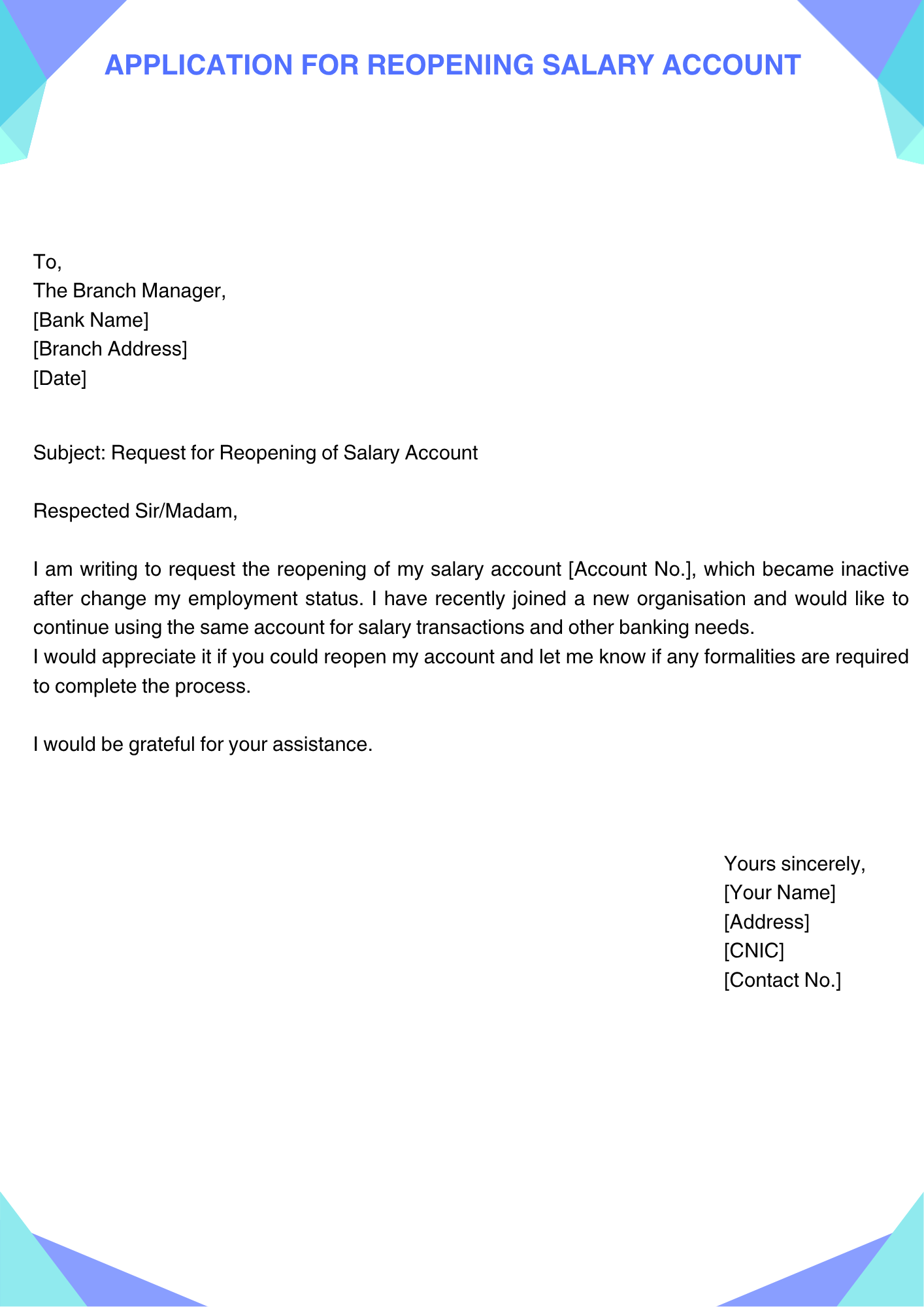 Application for Reopening Salary Account