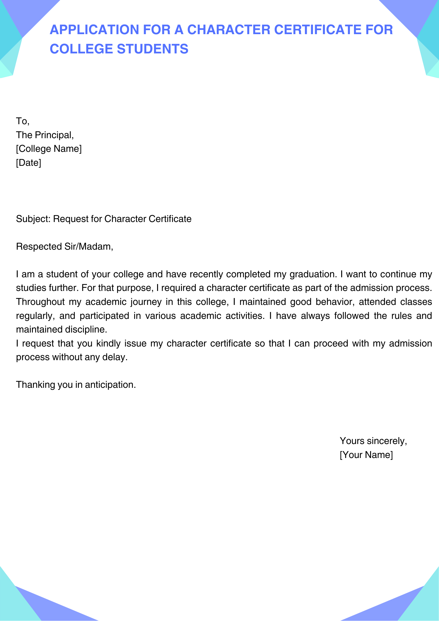 Application for a Character Certificate for College Students