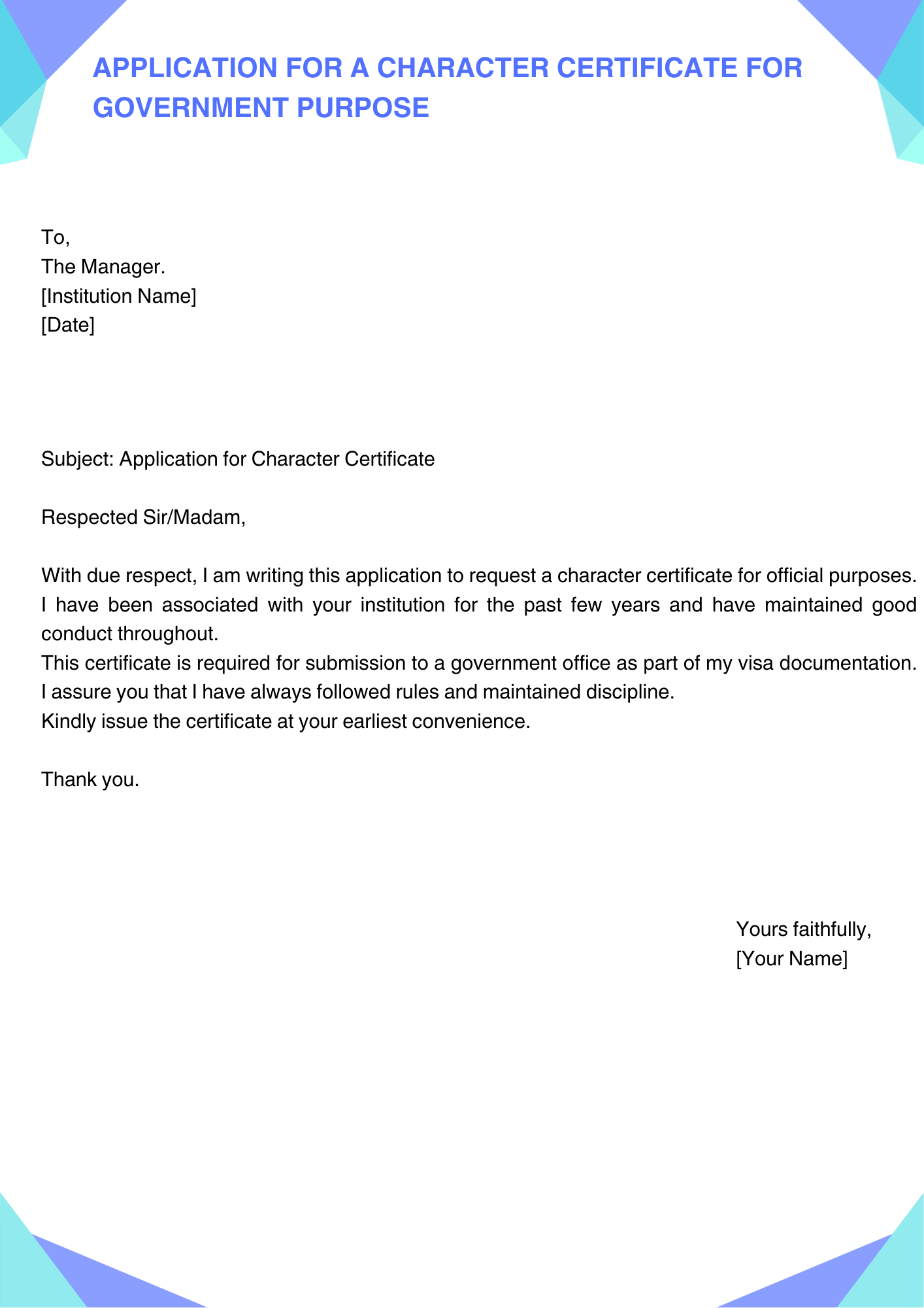 Application for a Character Certificate for Government Purpose