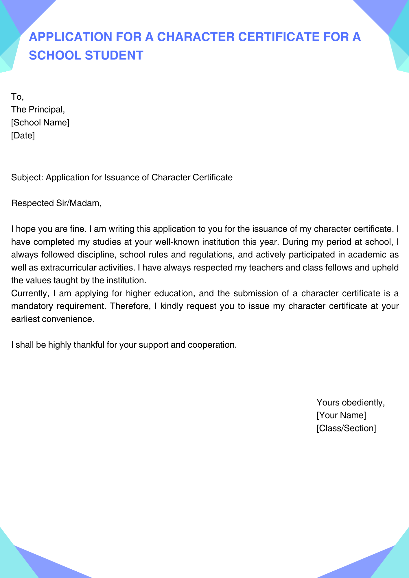 Application for a Character Certificate for a school student