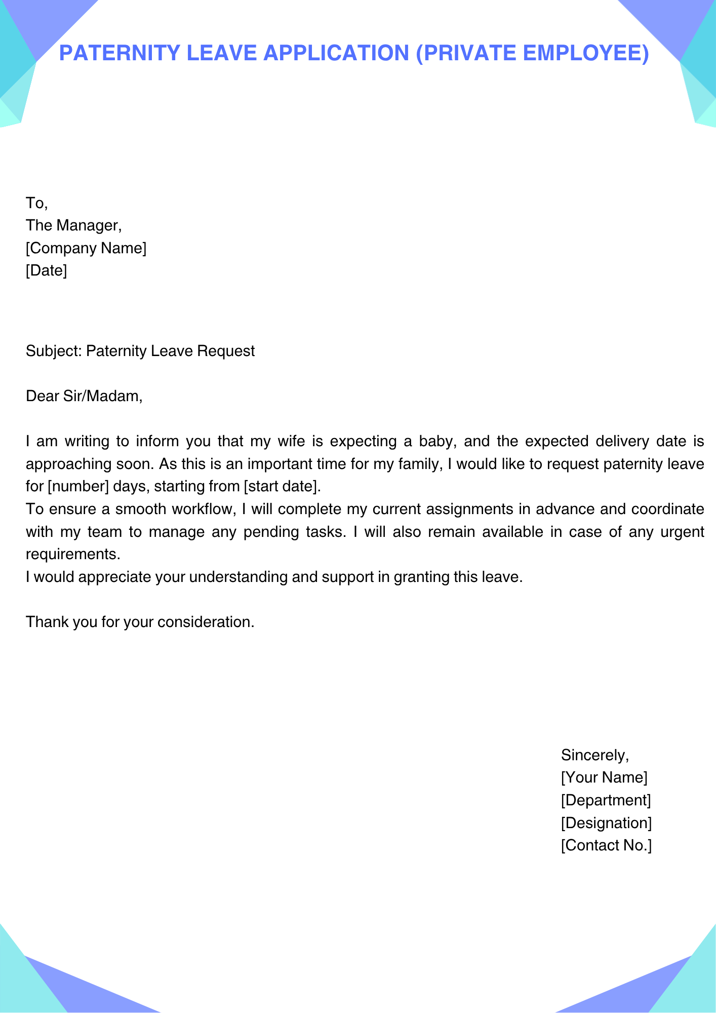 Paternity Leave Application (Private Employee)