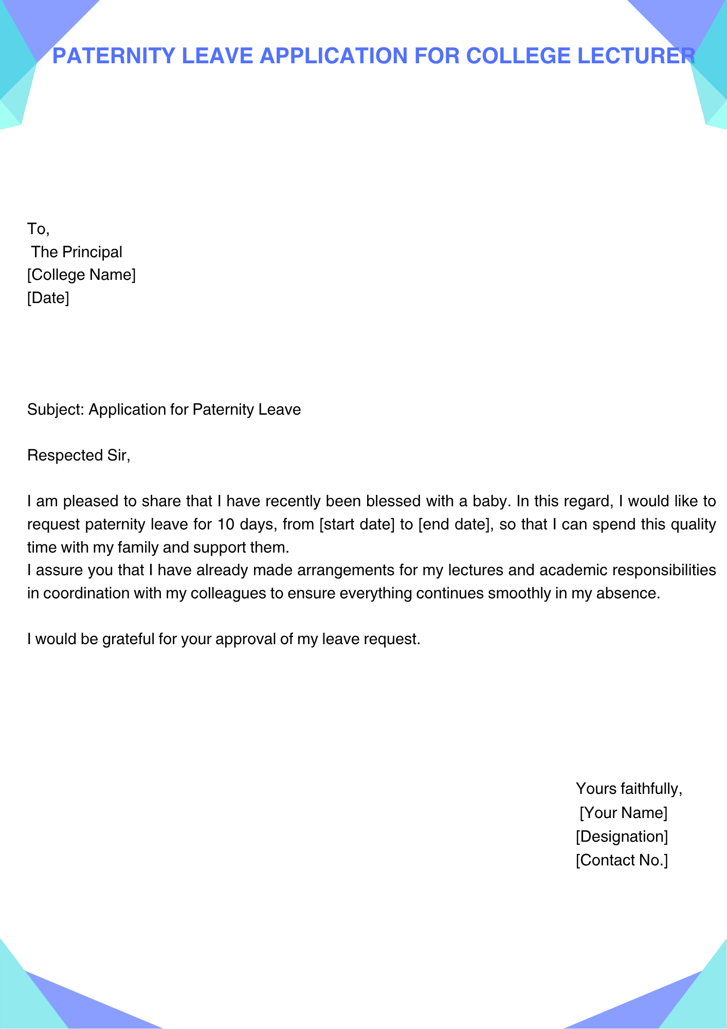 Paternity Leave Application for College Lecturer