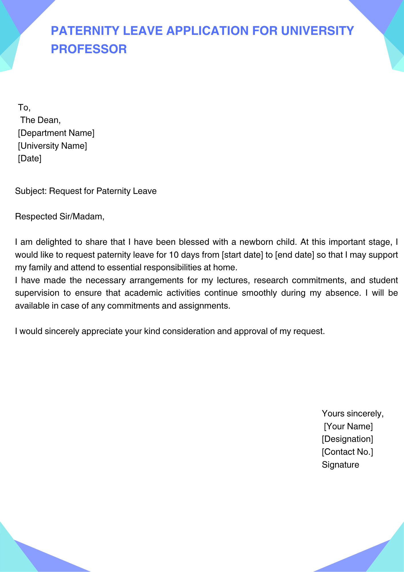 Paternity Leave Application for University Professor