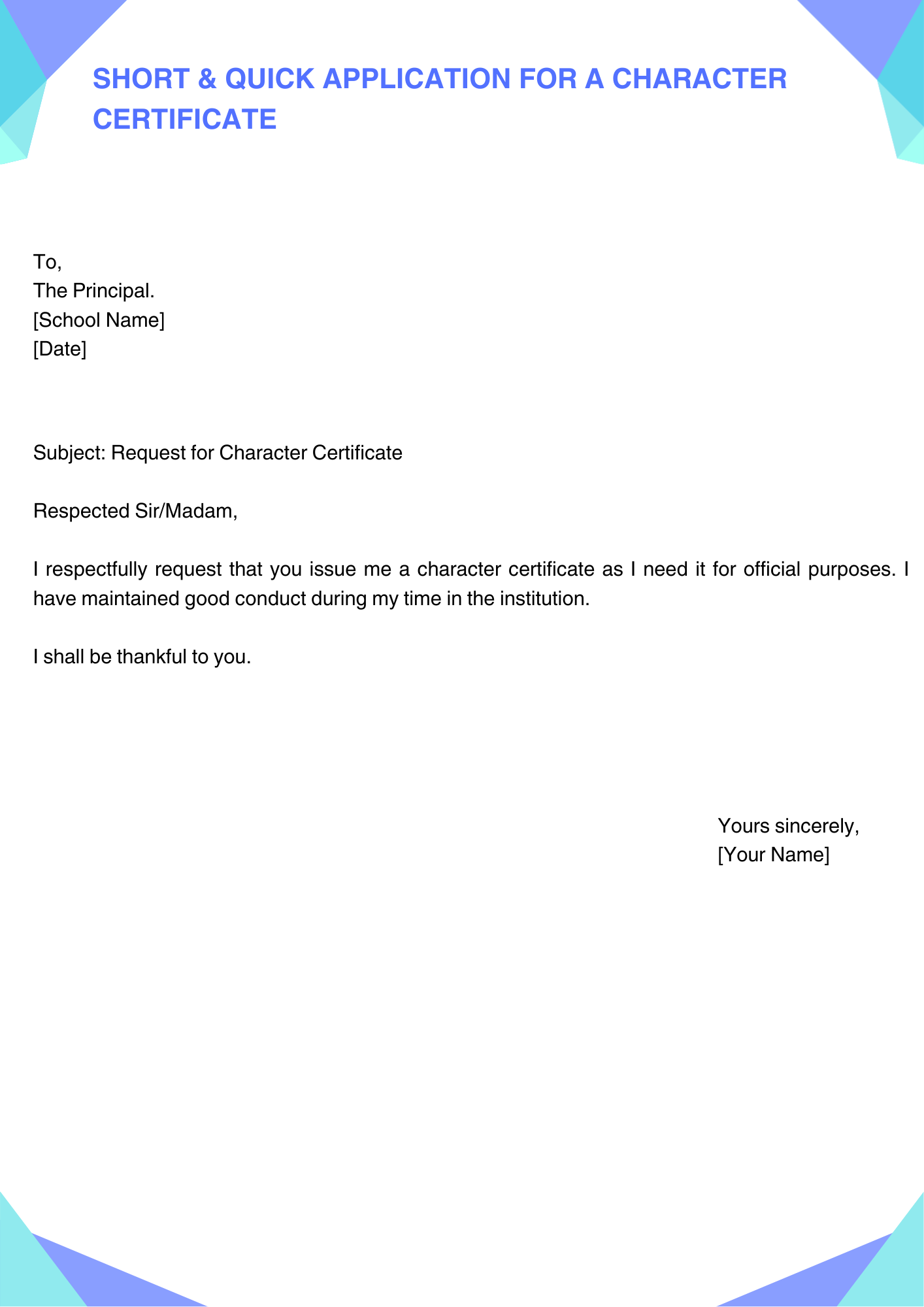 Short & Quick Application for a Character Certificate