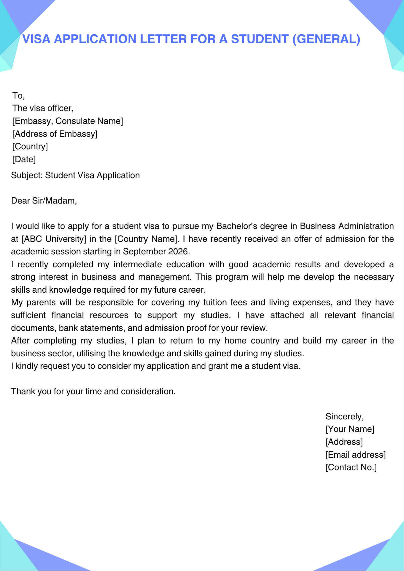 Visa Application Letter for a Student (General)